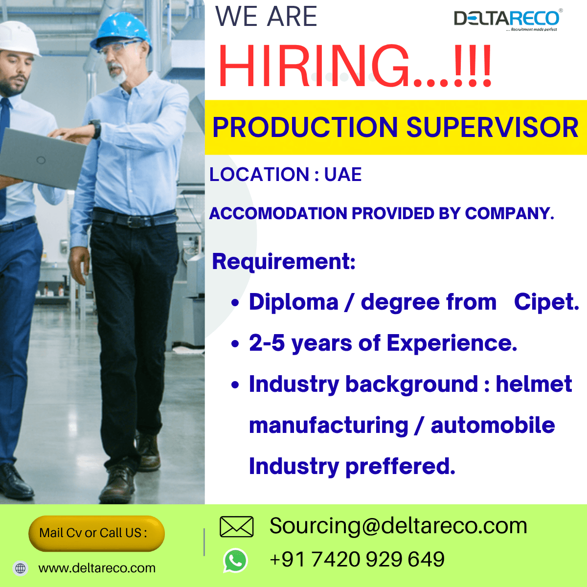 Hiring  Production Supervisor for United Arab Emirates