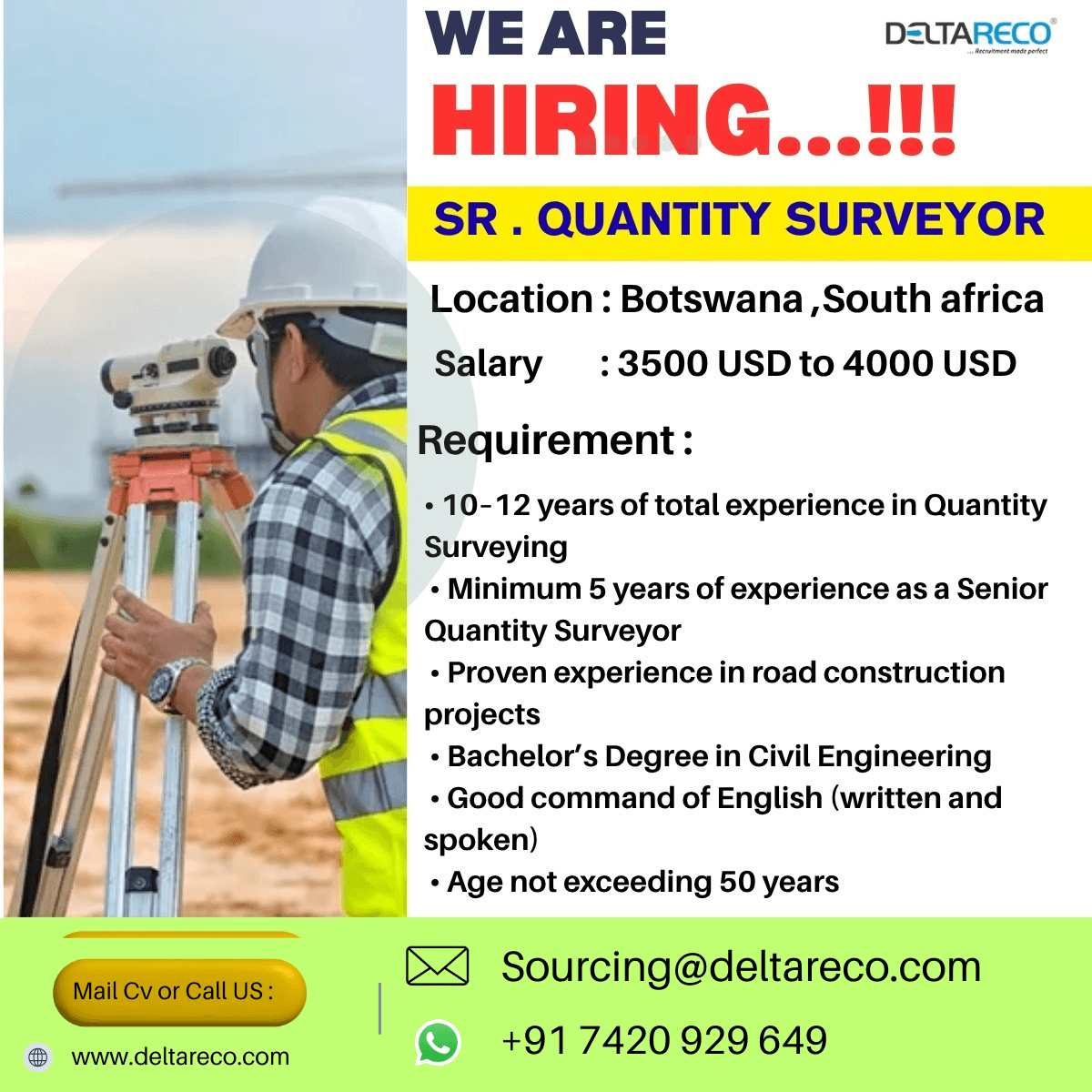 Hiring Senior Quantity Surveyor for  South Africa