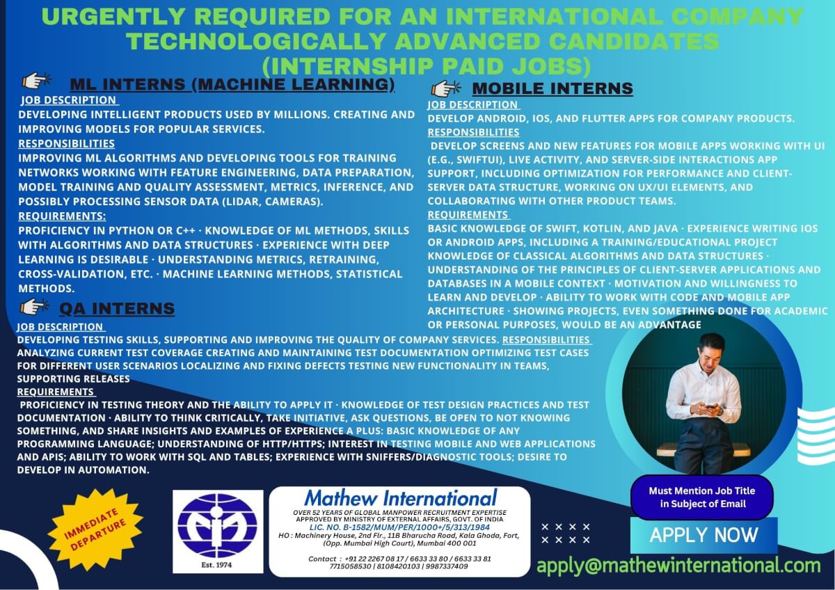 2 - URGENTLY REQUIRED FOR AN INTERNATIONAL COMPANY - TECHNOLOGICALLY ADVANCED CANDIDATES (internship paid jobs) Position: