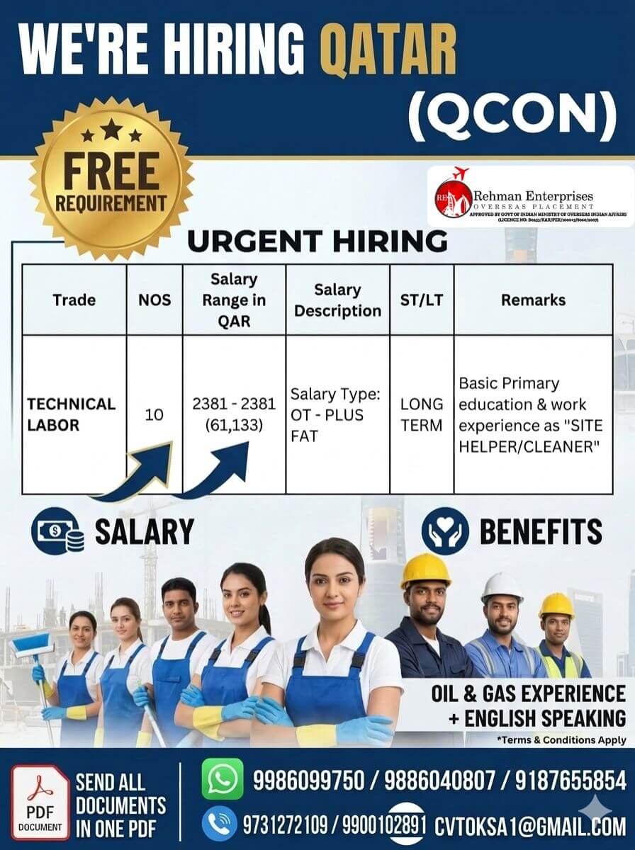 URGENT HIRING FOR  QCON COMPANY IN QATAR -FREE REQUIREMENT