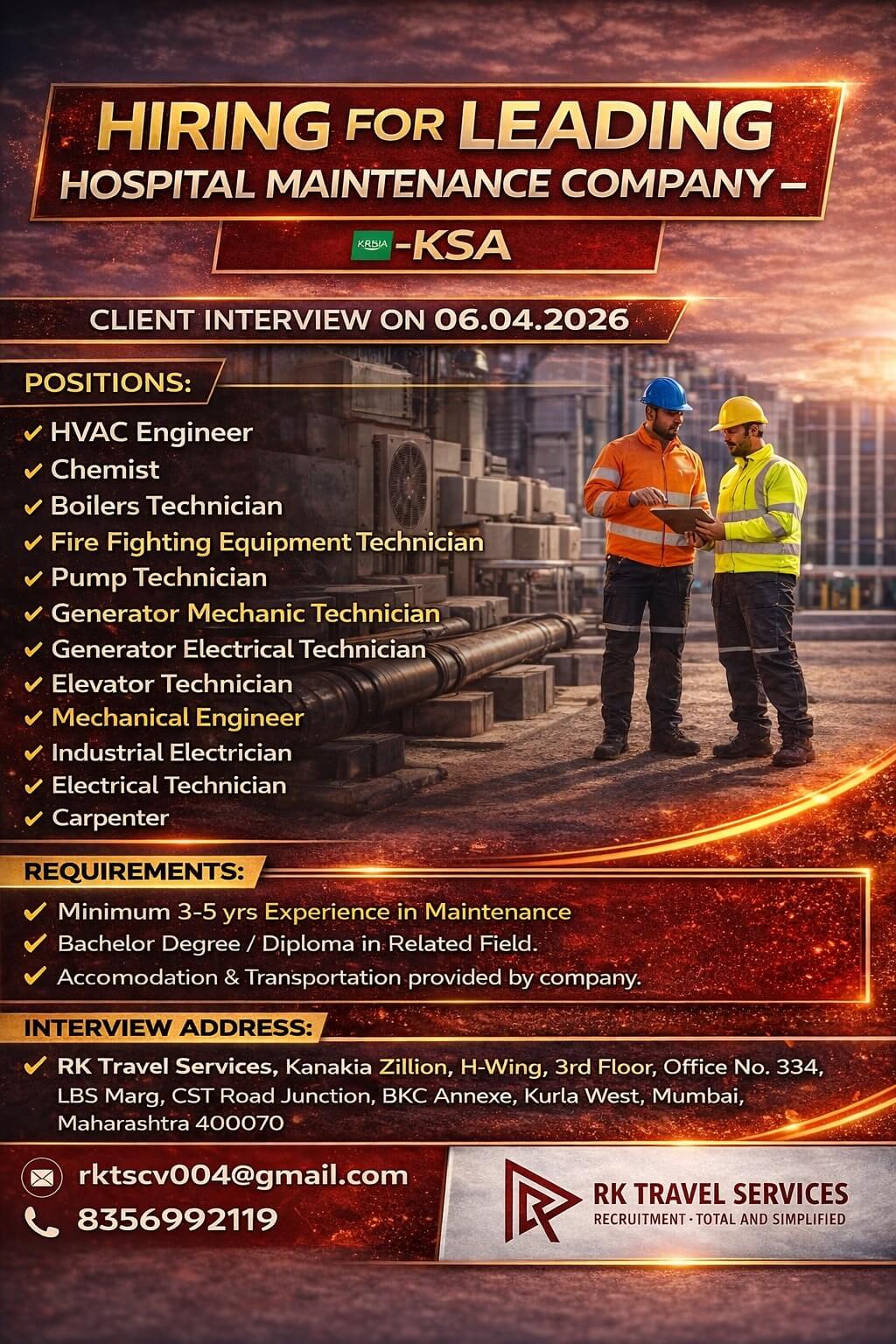 HIRING FOR LEADING HOSPITAL MAINTENANCE COMPANY KSA
