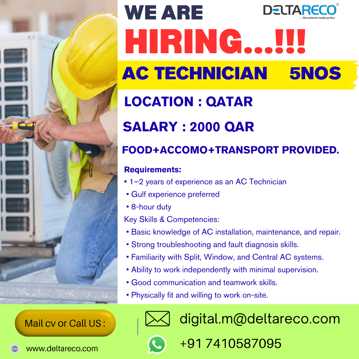 Hiring Ac technicians for Qatar 4 vacancy
