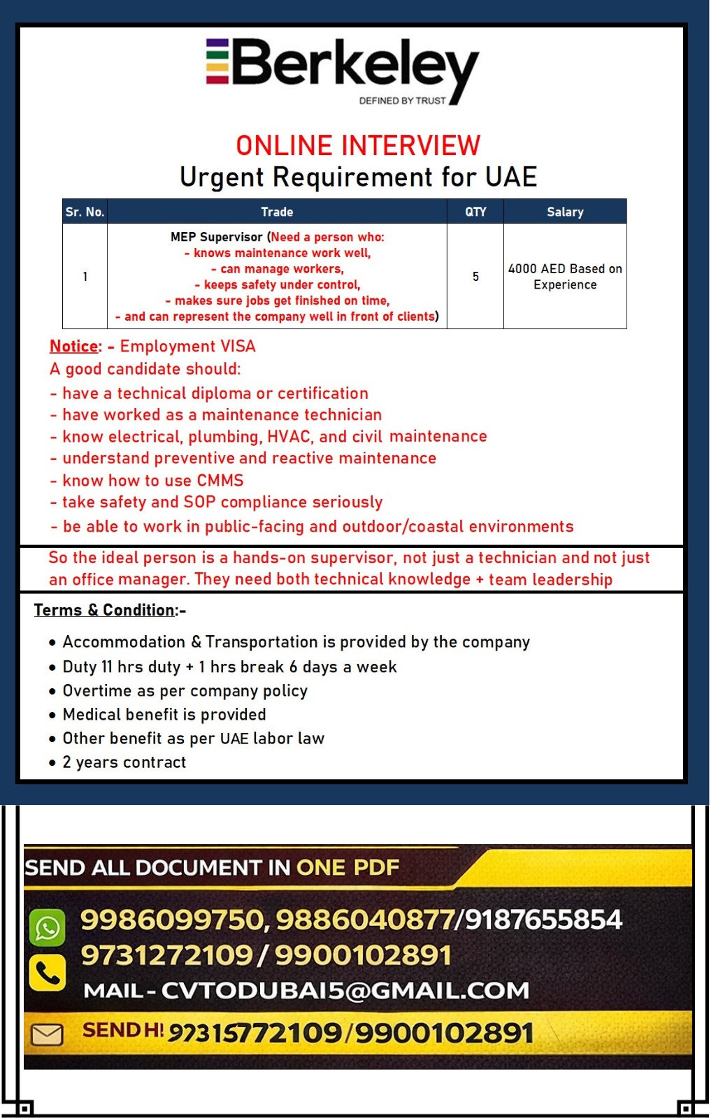 URGENTLY REQUIREMENT FOR UAE