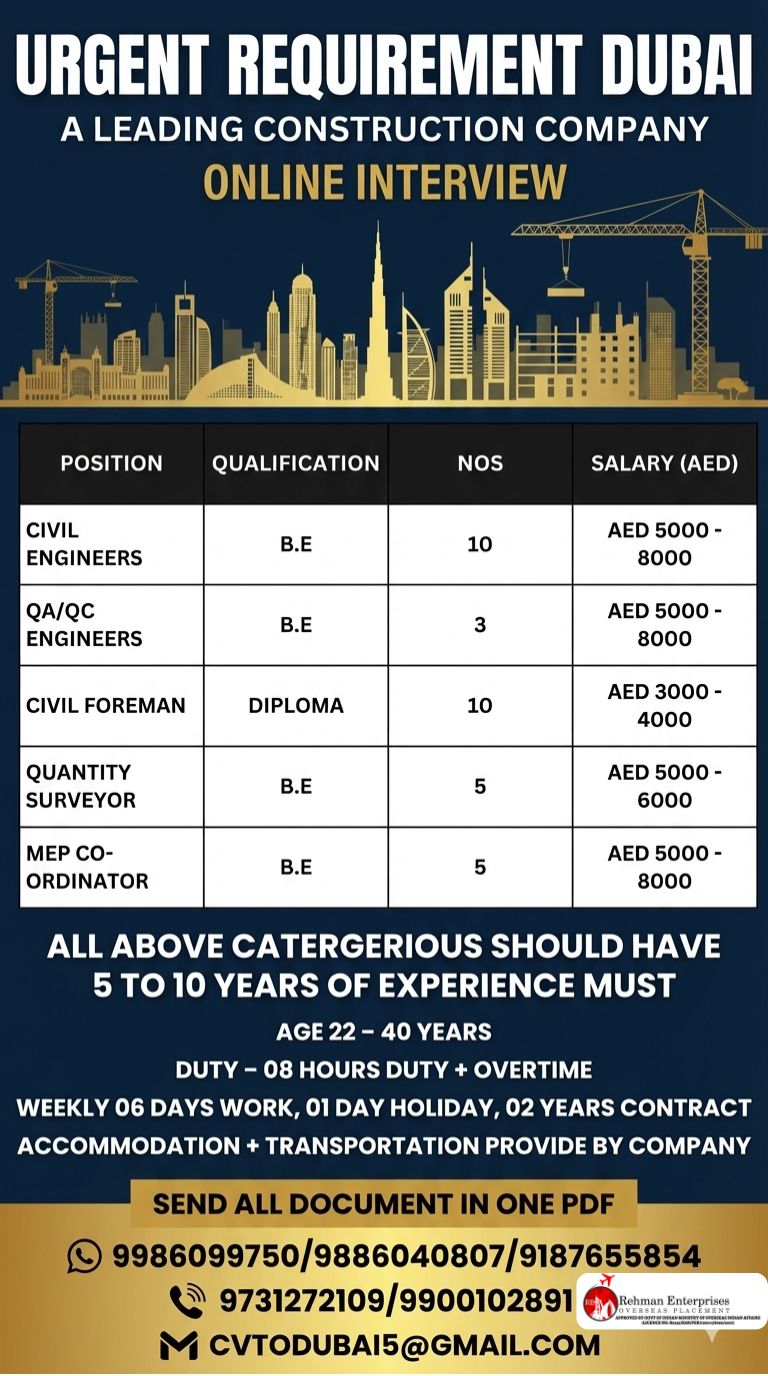 URGENT REQUIREMENT FOR A CONSTURUCTION COMPANY IN DUBAI