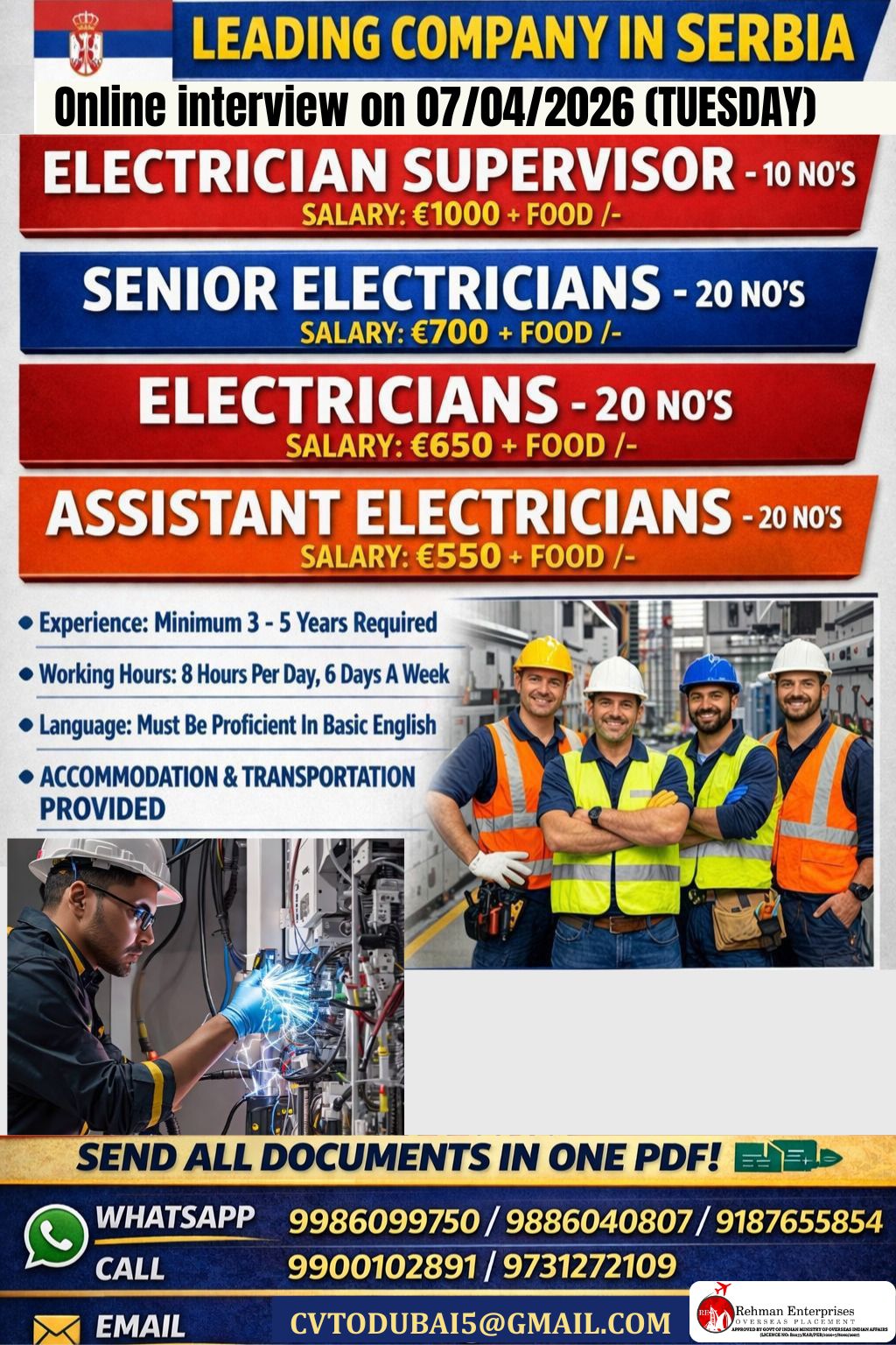 HIRING FOR LEADING COMPANY IN SARBIA