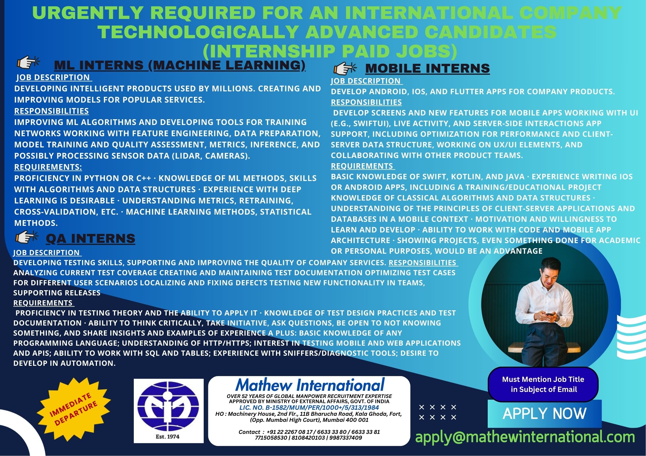 2 - URGENTLY REQUIRED FOR AN INTERNATIONAL COMPANY - TECHNOLOGICALLY ADVANCED CANDIDATES (internship paid jobs) Position: