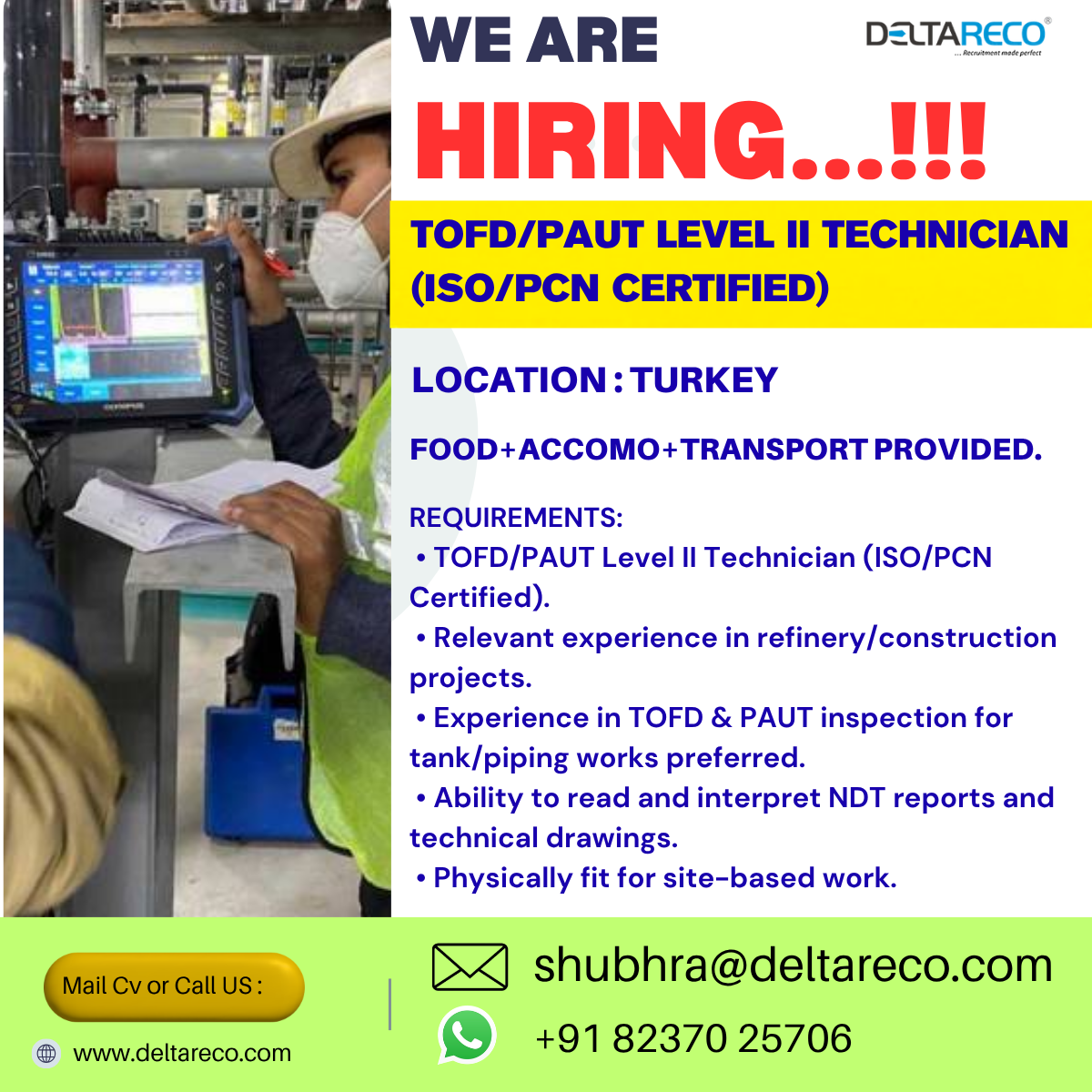 Hiring TOFD/PAUT Level II Technician for Turkey
