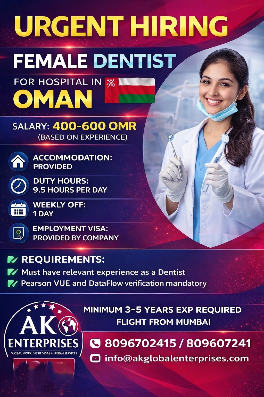 Urgent Hiring – Female Dentist for a Hospital in Oman