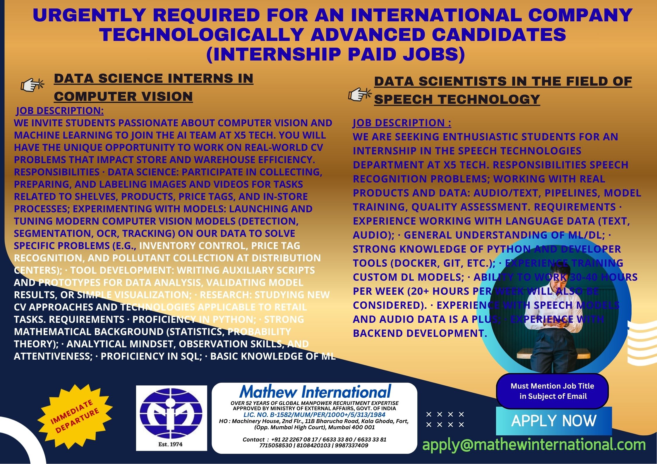 6 - URGENTLY REQUIRED FOR AN INTERNATIONAL COMPANY - TECHNOLOGICALLY ADVANCED CANDIDATES (internship paid jobs)