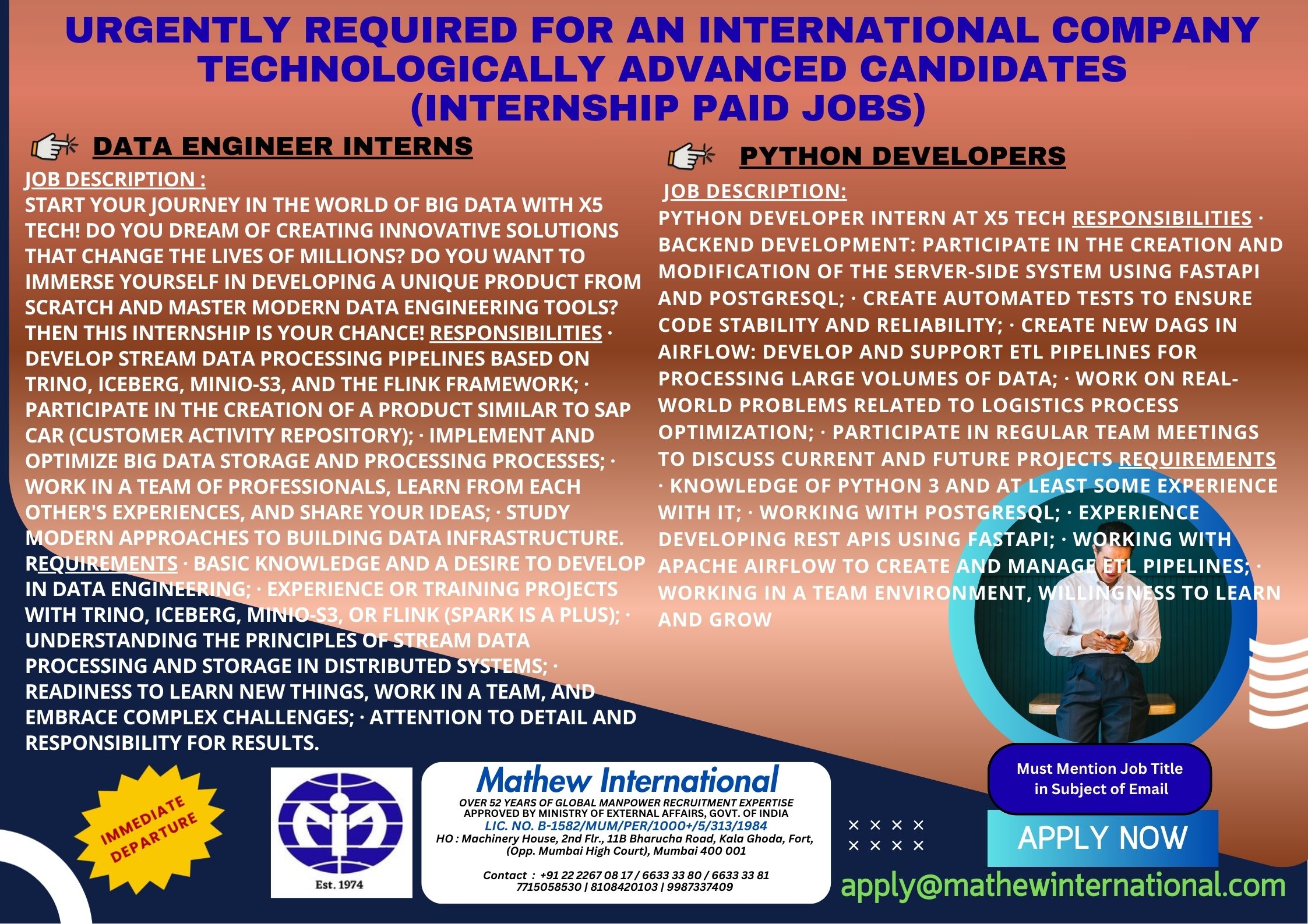 5 - URGENTLY REQUIRED FOR AN INTERNATIONAL COMPANY - TECHNOLOGICALLY ADVANCED CANDIDATES (internship paid jobs)