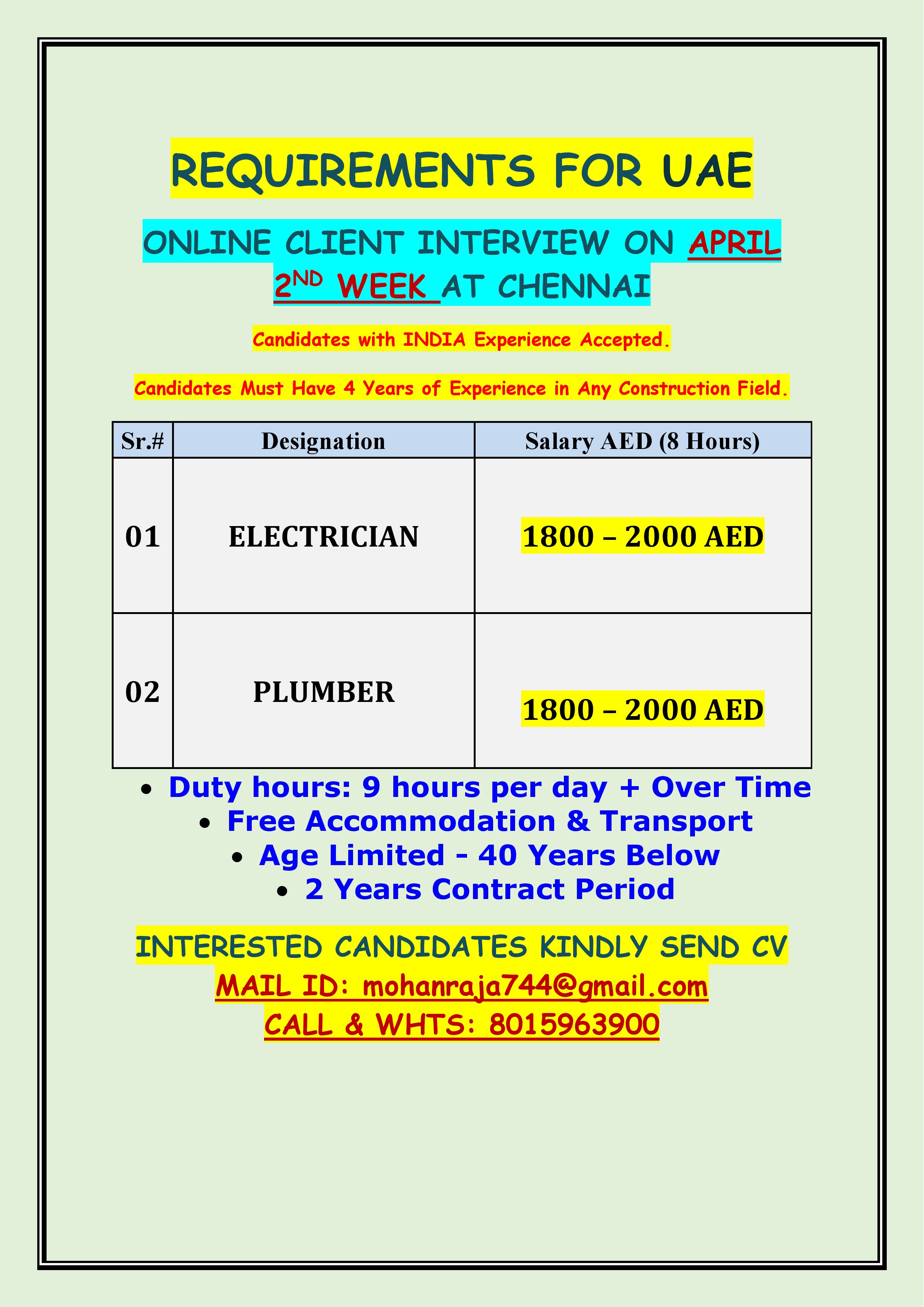 REQUIREMENTS FOR UAE - ONLINE CLIENT INTERVIEW ON APRIL 2ND WEEK AT CHENNAI