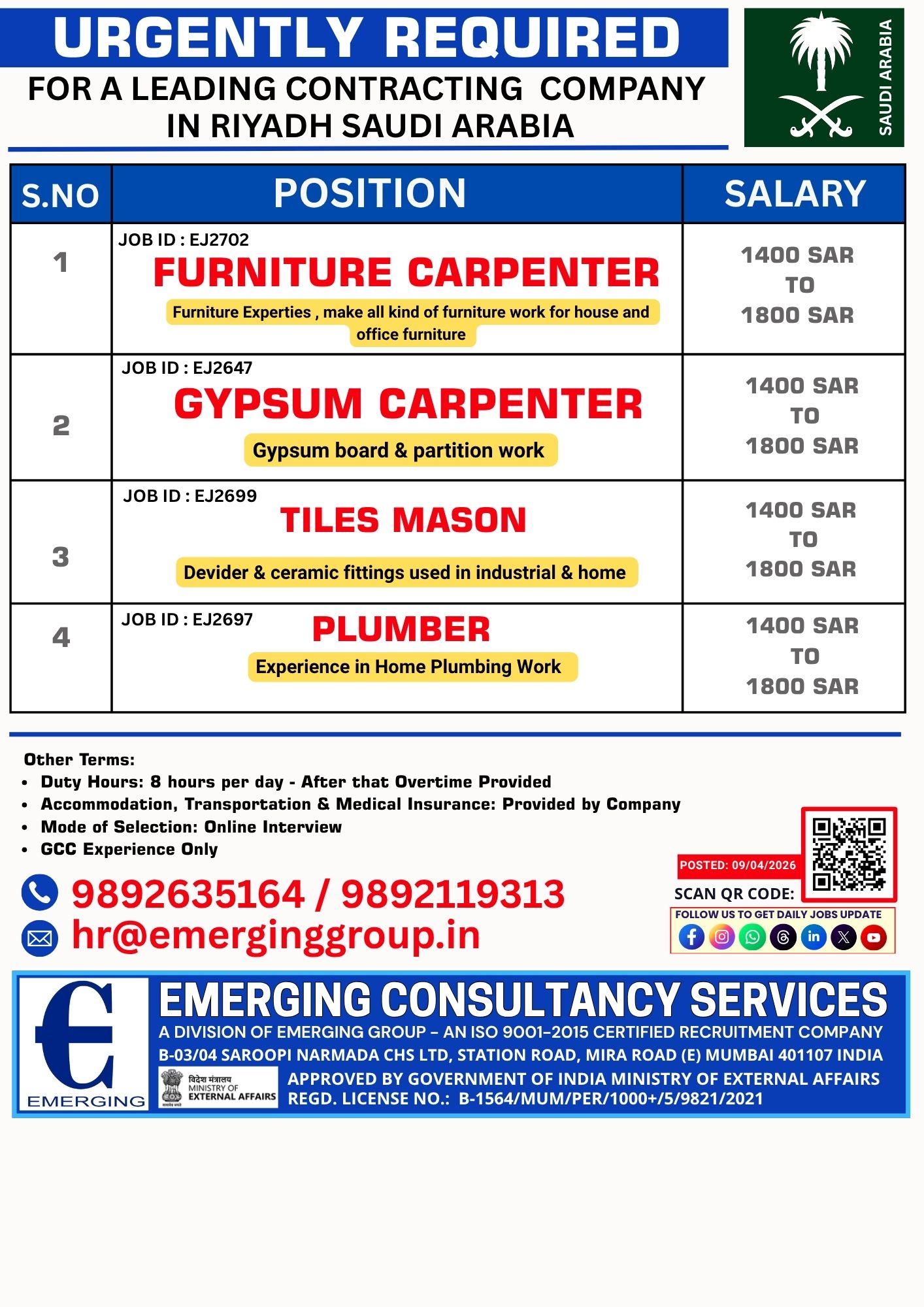 URGENT REQUIRED FOR A LEADING CONTRACTING COMPANY IN SAUDI ARABIA