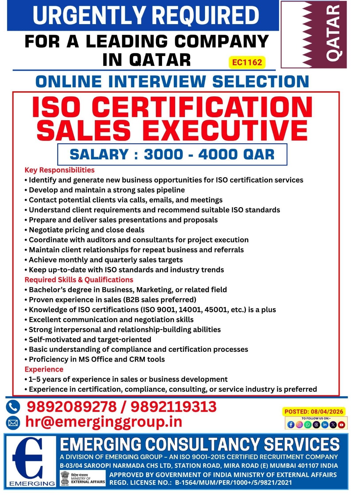 ISO CERTIFICATION SALES EXECUTIVE FOR QATAR