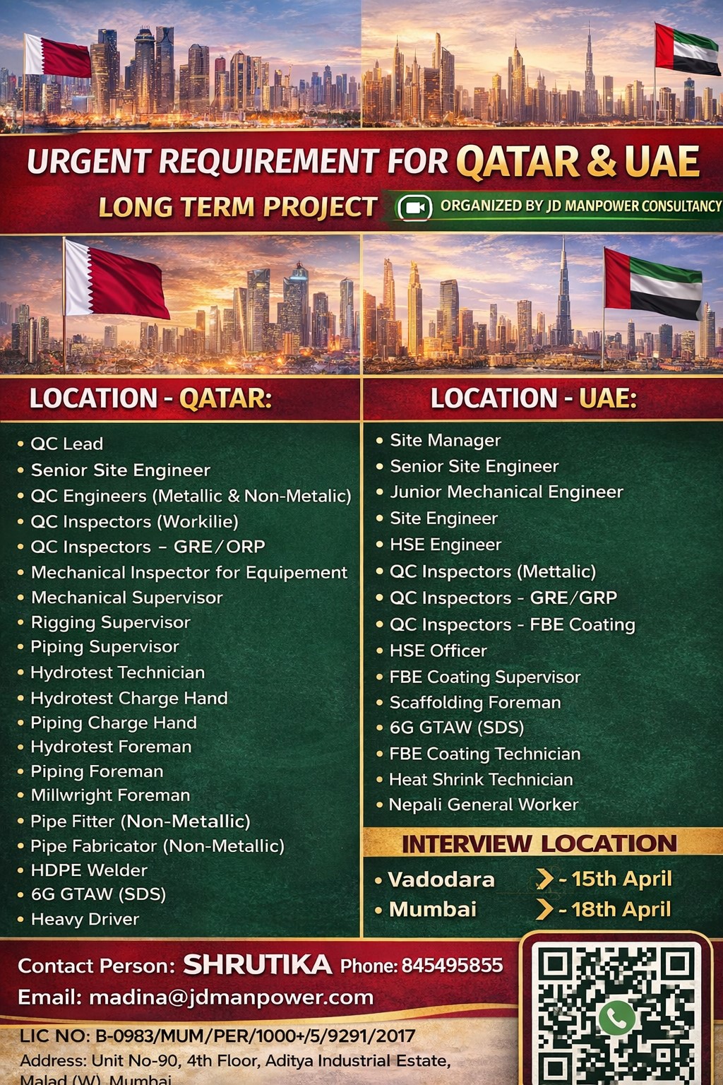 URGENT REQUIREMNT FOR QATAR & UAE LONG TERM PROJECT