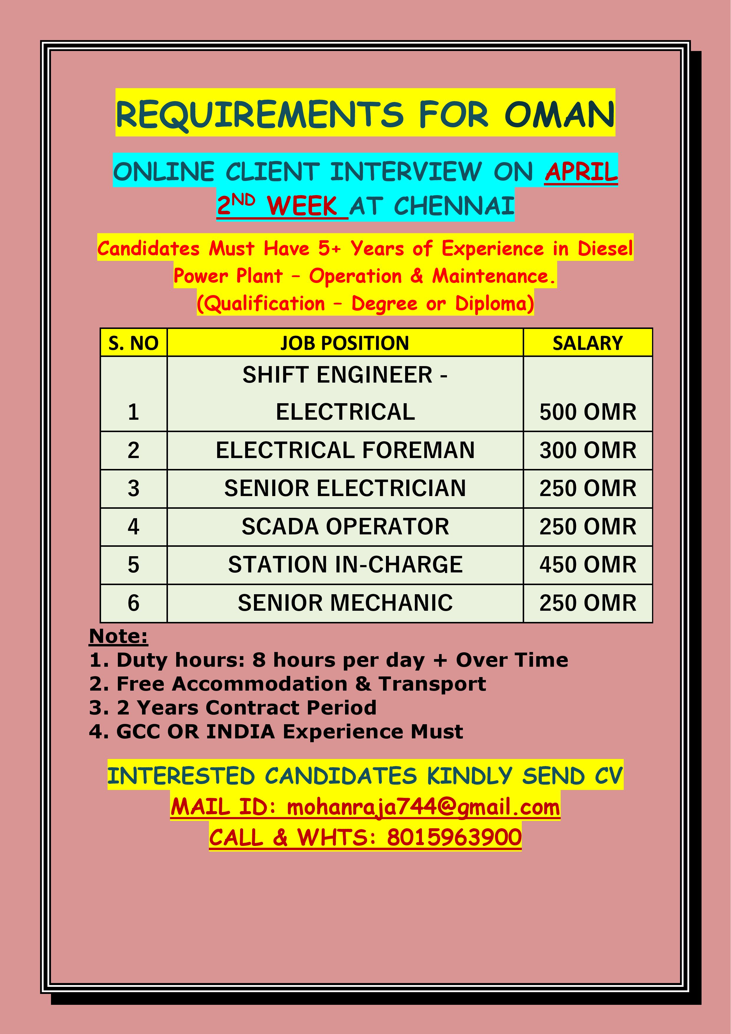 REQUIREMENTS FOR OMAN  - ONLINE CLIENT INTERVIEW ON APRIL 2ND WEEK AT CHENNAI