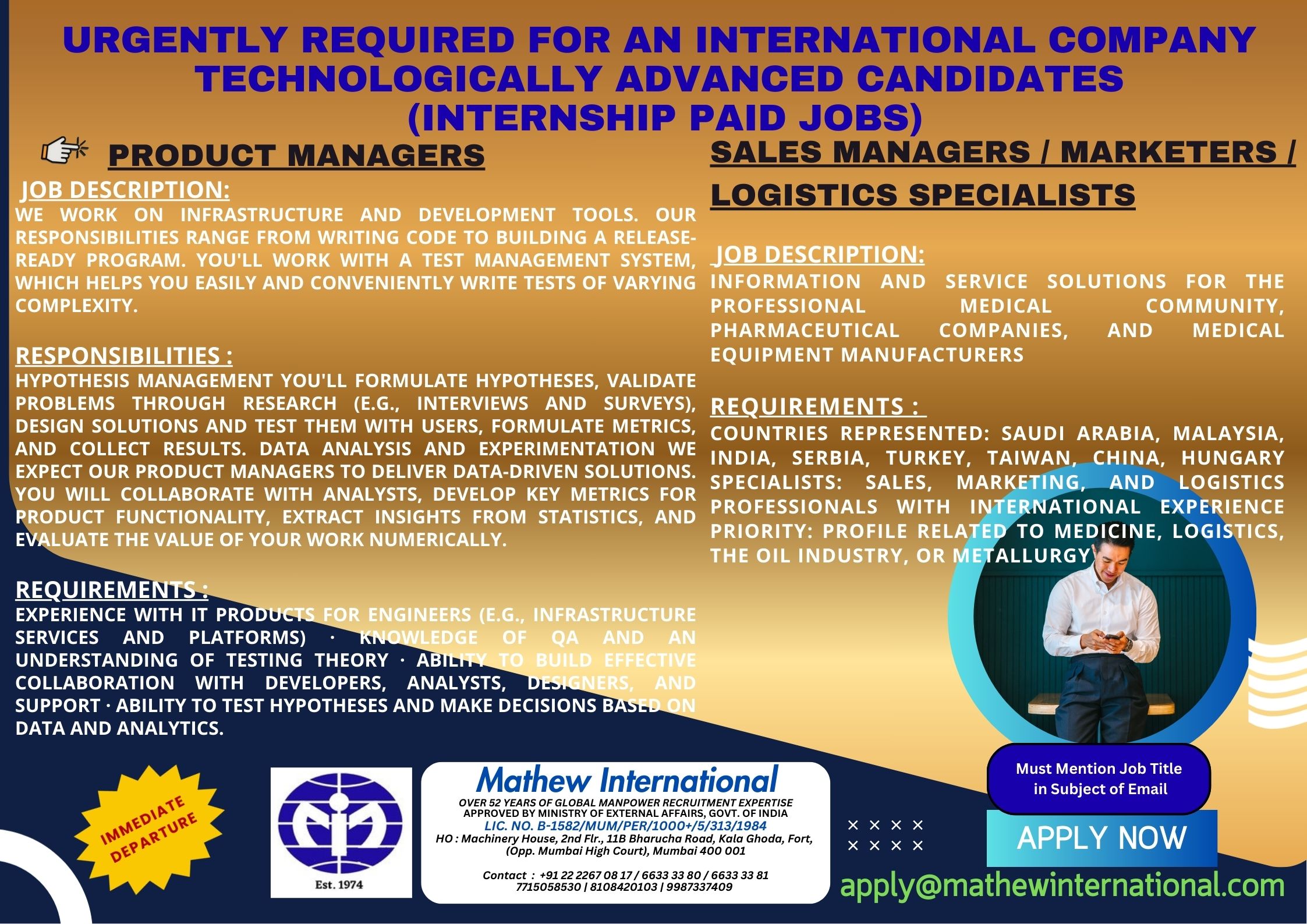 9 - URGENTLY REQUIRED FOR AN INTERNATIONAL COMPANY - TECHNOLOGICALLY ADVANCED CANDIDATES (internship paid jobs)
