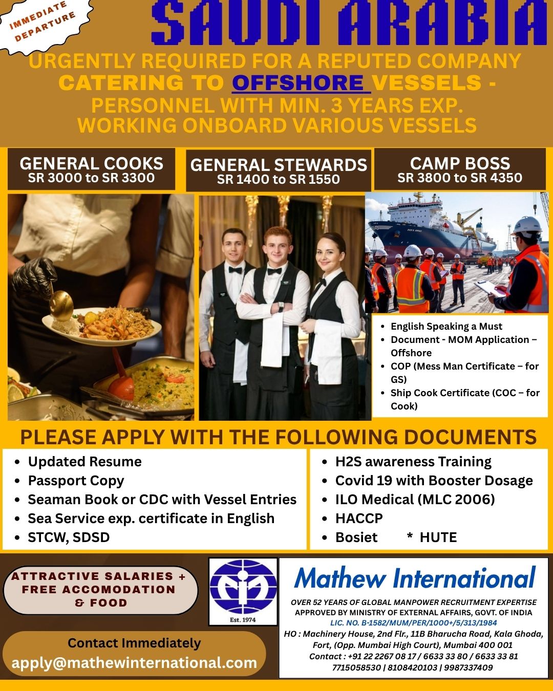 SAUDI - Urgently required for a reputed Company Catering in Oil and Gas following personnel with min. 5 years experience in Facilities Maintenance and Distribution Network Job