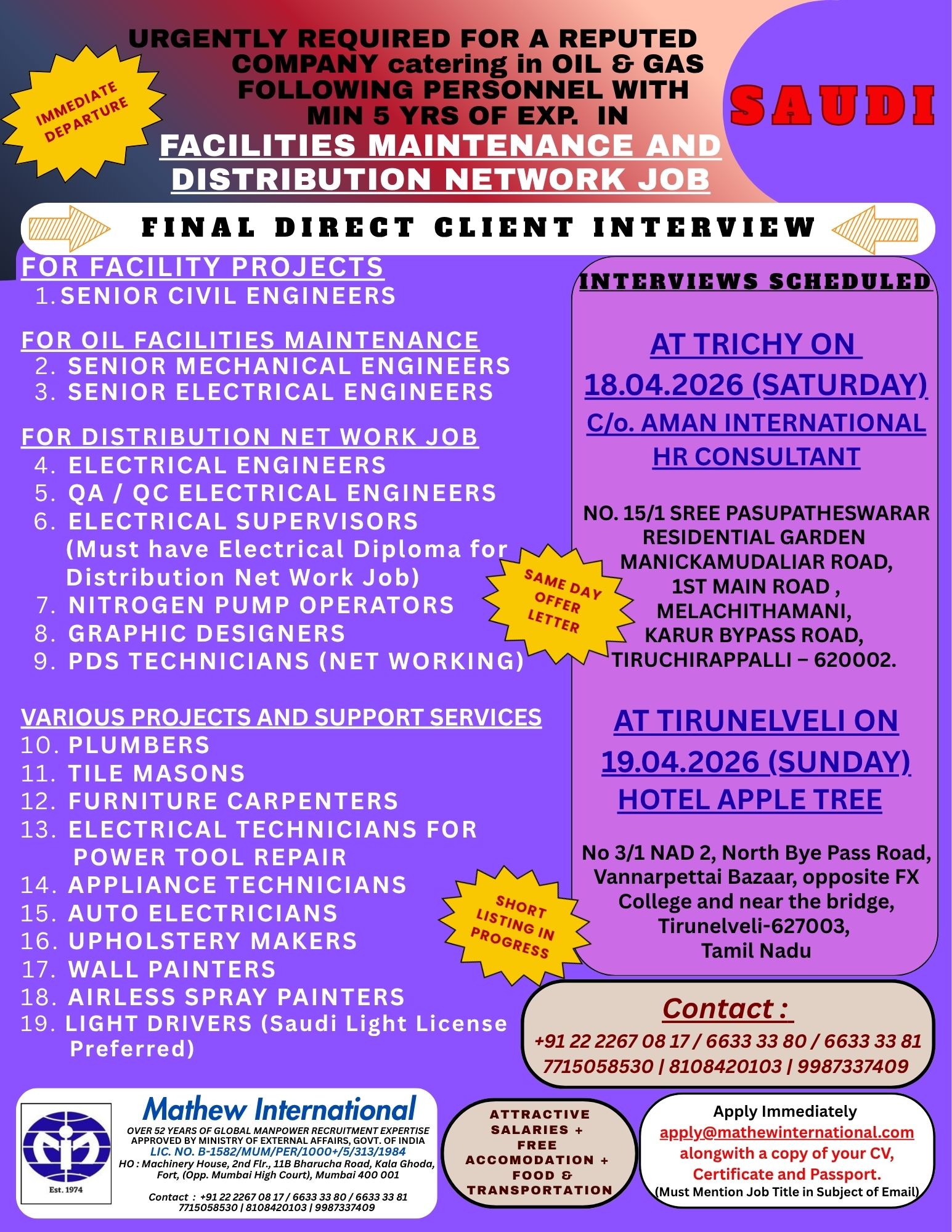 RUSSIA - URGENTLY REQUIRED FOR A WELL REPUTED COMPANY THE FOLLOWING PERSONNEL