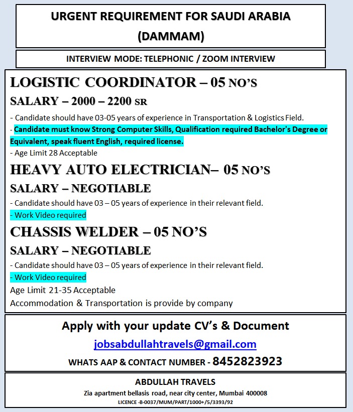 URGENT REQUIREMENT FOR SAUDI ARABIA (DAMMAM)