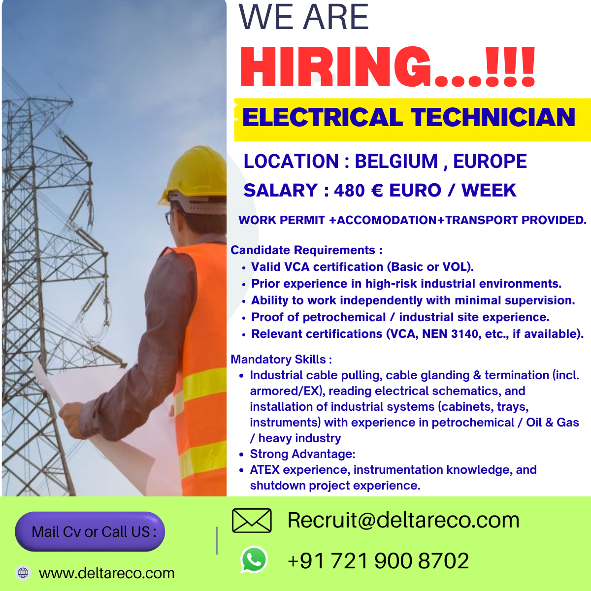 Hiring Electrical Technician for Europe with High Salary Require petrochemical experienced