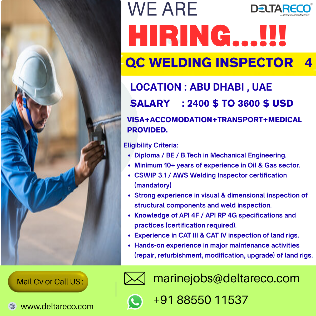 Hiring  QC Welding  Inspector  for Abu Dhabi