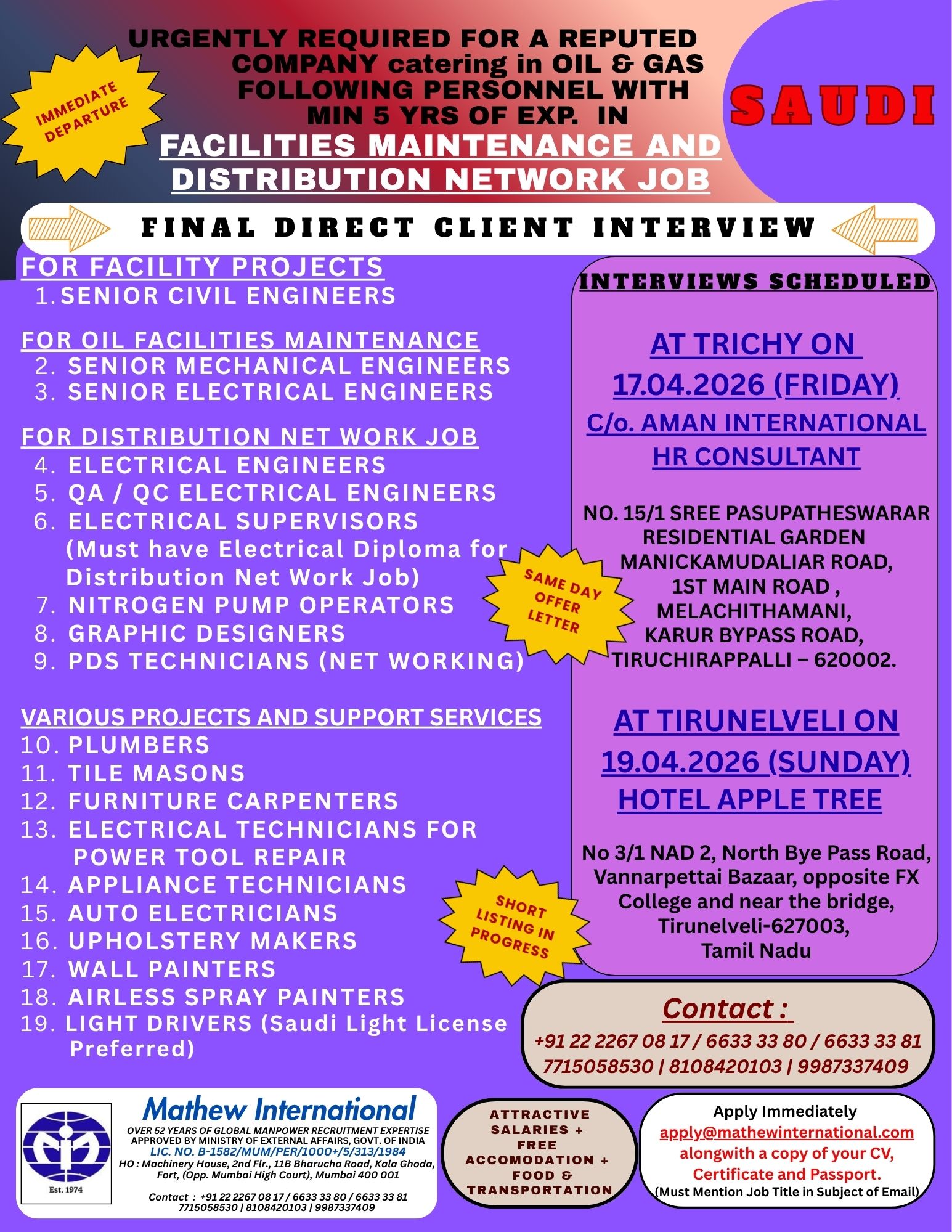 SAUDI - Urgently required for a reputed Company Catering in Oil and Gas following personnel with min. 5 years experience in Facilities Maintenance and Distribution Network Job