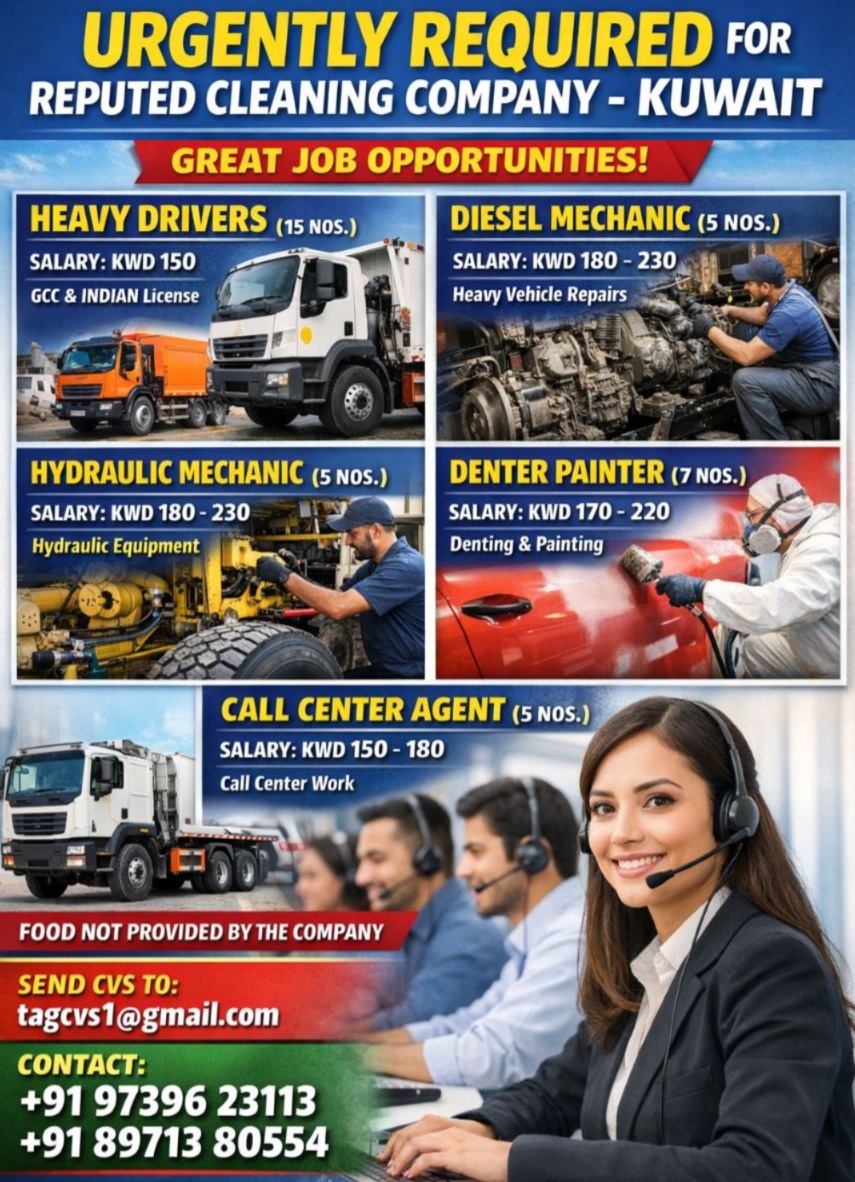 Urgently Required – Heavy Drivers | Diesel Mechanic | Hydraulic Mechanic | Denter Painter | Call Center Agent – Kuwait
