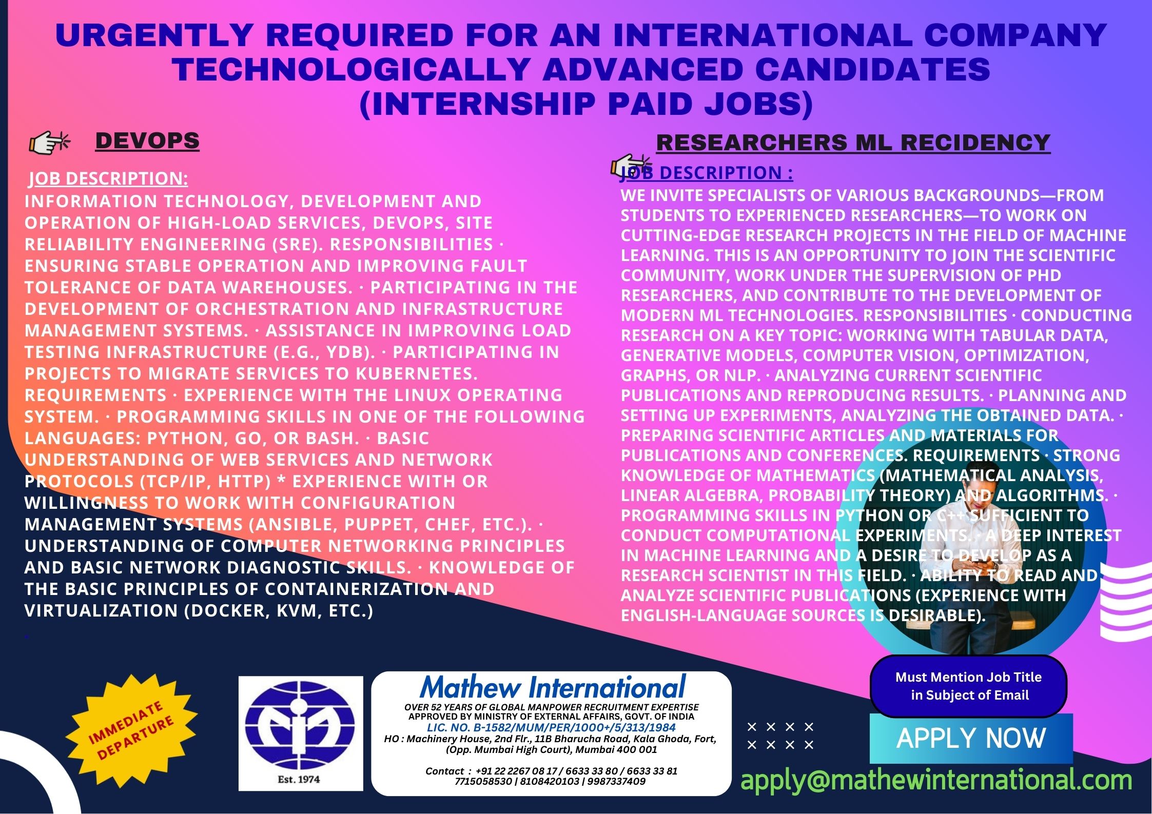 7 - URGENTLY REQUIRED FOR AN INTERNATIONAL COMPANY - TECHNOLOGICALLY ADVANCED CANDIDATES (internship paid jobs)