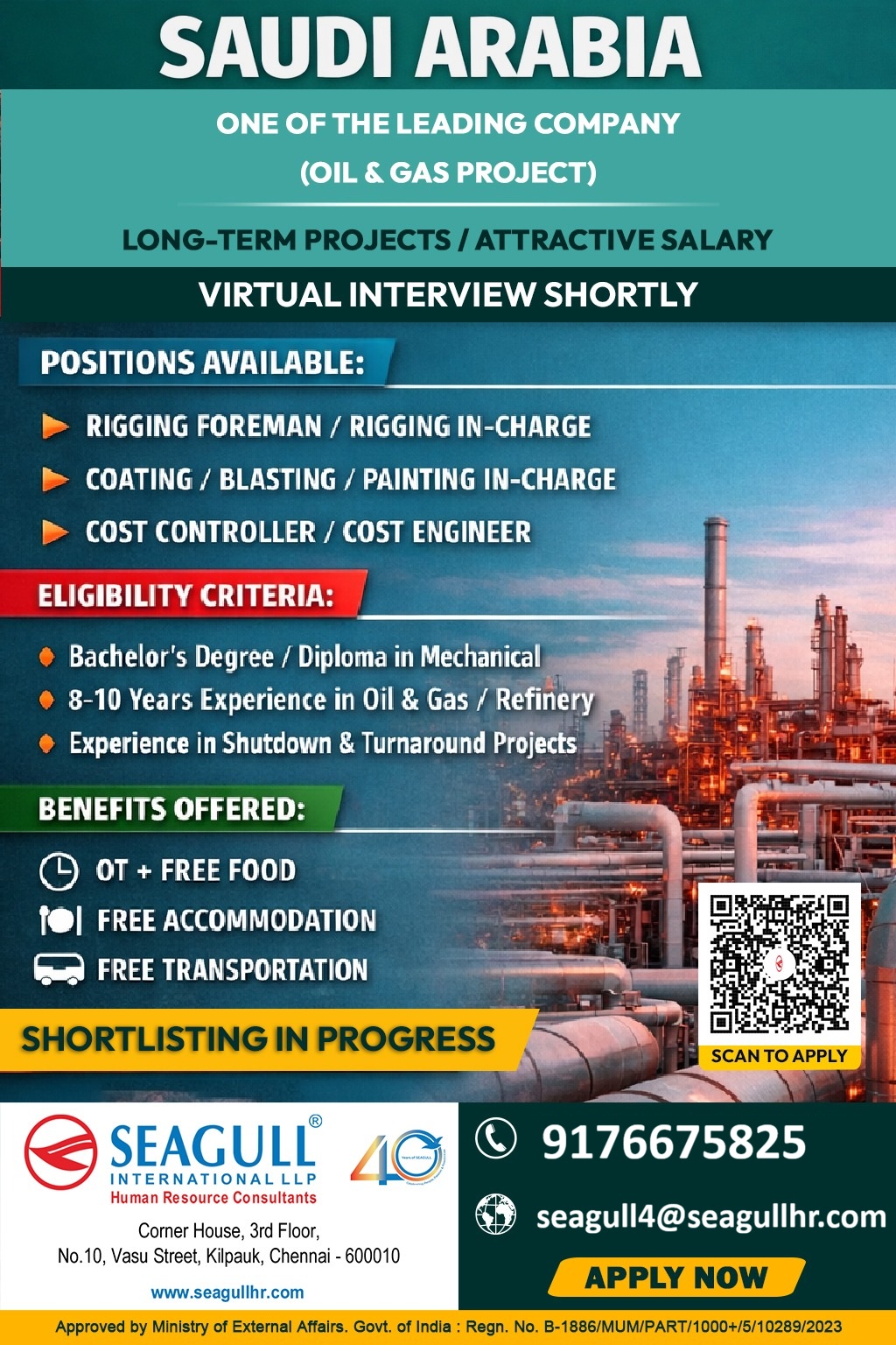 VERY URGENT REQUIREMENTS FOR OIL & GAS LONG TIME PROJECT AT SAUDI ARABIA - KSA
