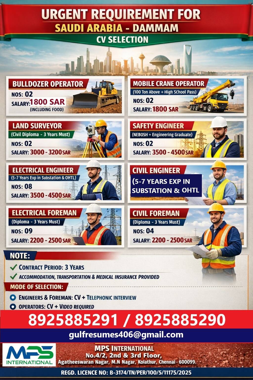 URGENT REQUIREMENT FOR SAUDI ARABIA - DAMMAM CV SELECTION