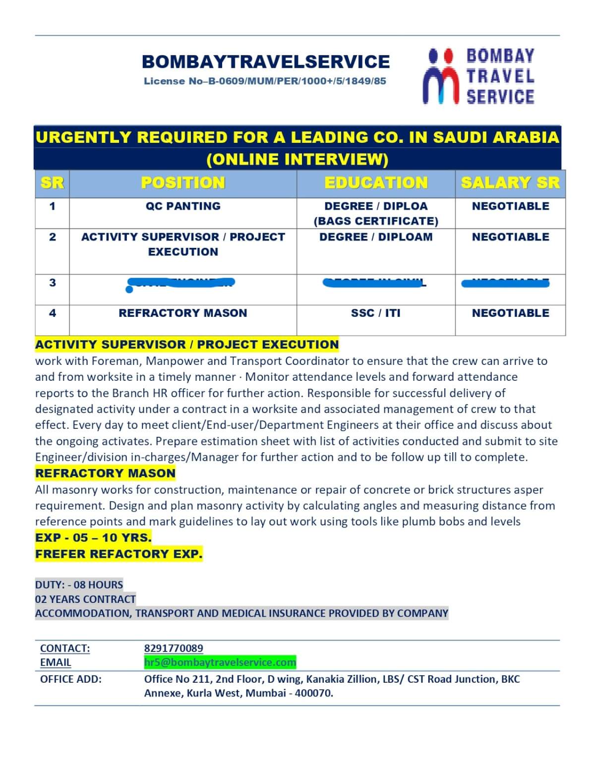 URGENTLY HIRING FOR SAUDI ARABIA URGENTLY HIRING FOR SAUDI ARABIA