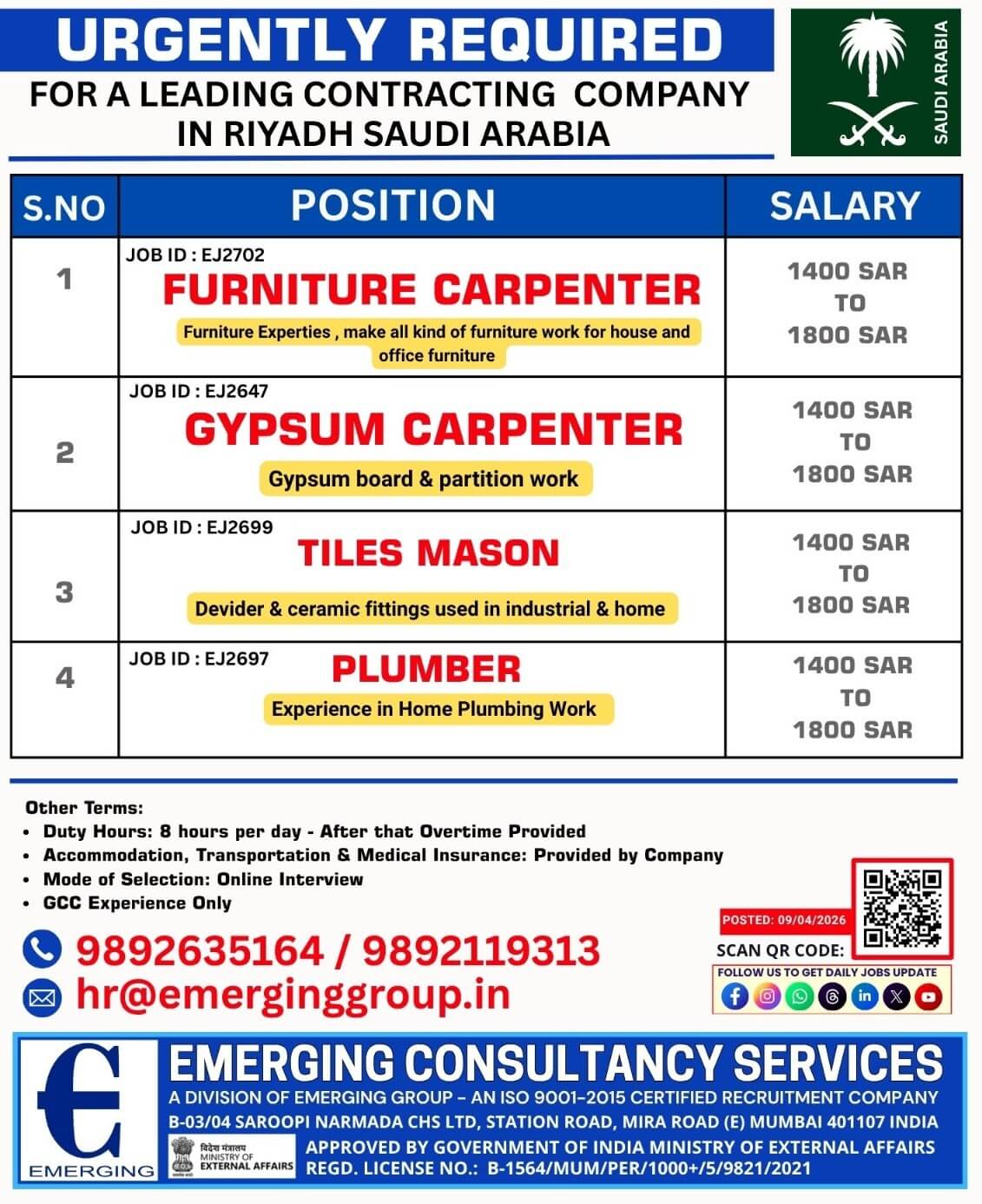 URGENT REQUIRED FOR A LEADING COMPANY IN SAUDI ARABIA