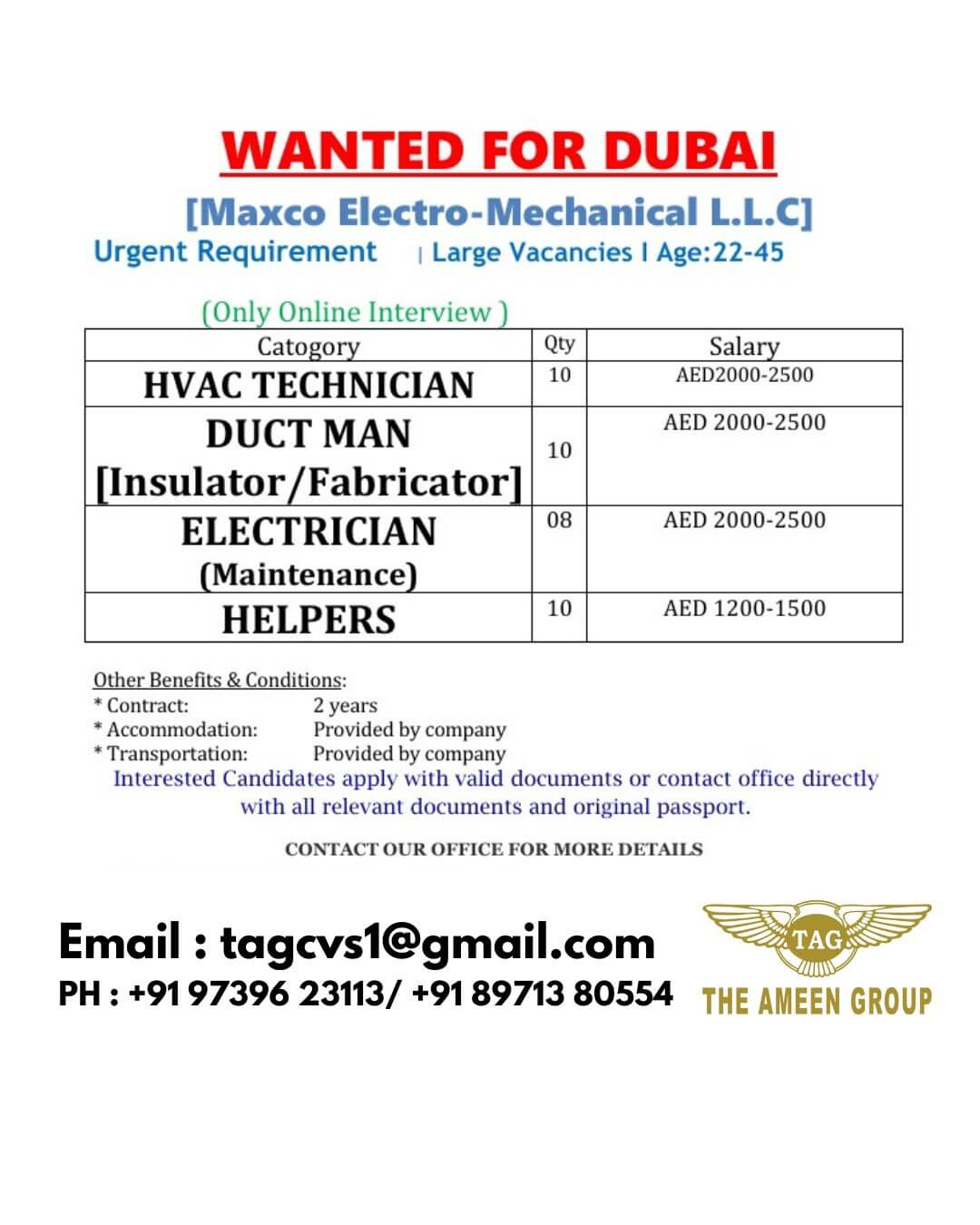 Urgently Required – HVAC Technicians | Duct Man | Electricians | Helpers – UAE (Dubai)