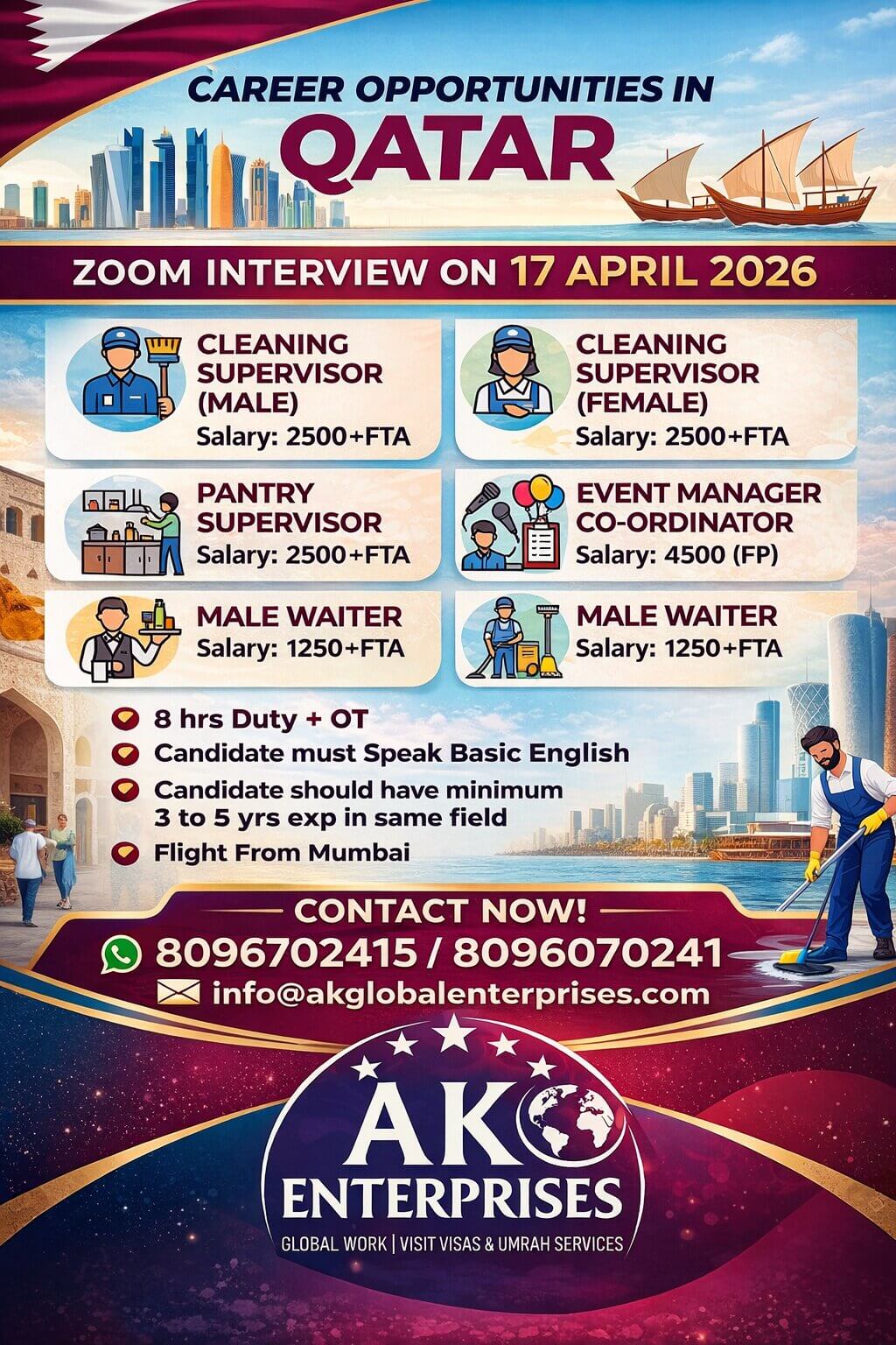 Urgently Hiring for Qatar Zoom Interview on 17 April 2026- Multiple Categories  Males & Females