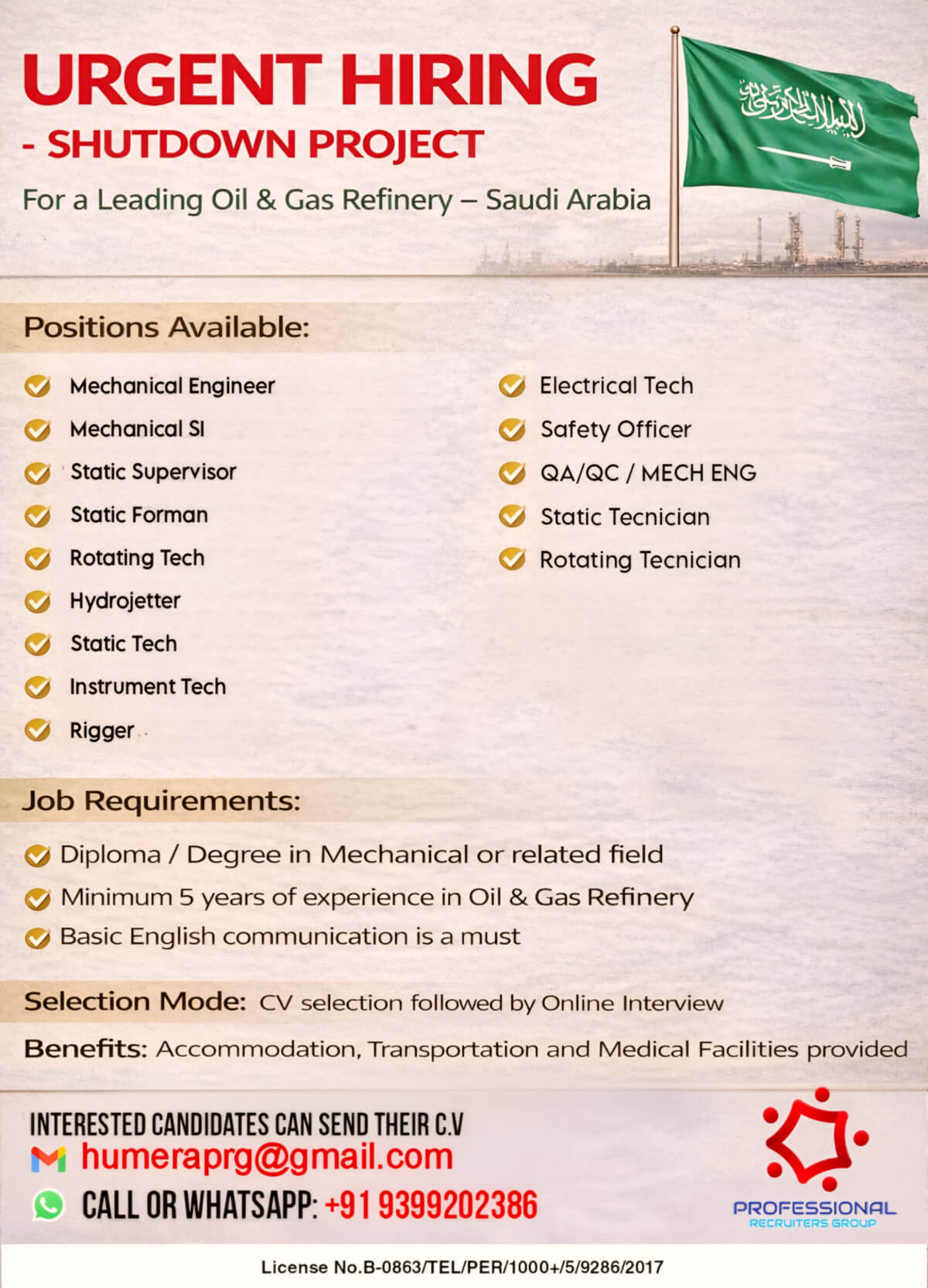 SHUTDOWN PROJECT - HIRING FOR A LEADING OIL & GAS REFINERY IN SAUDI ARABIA