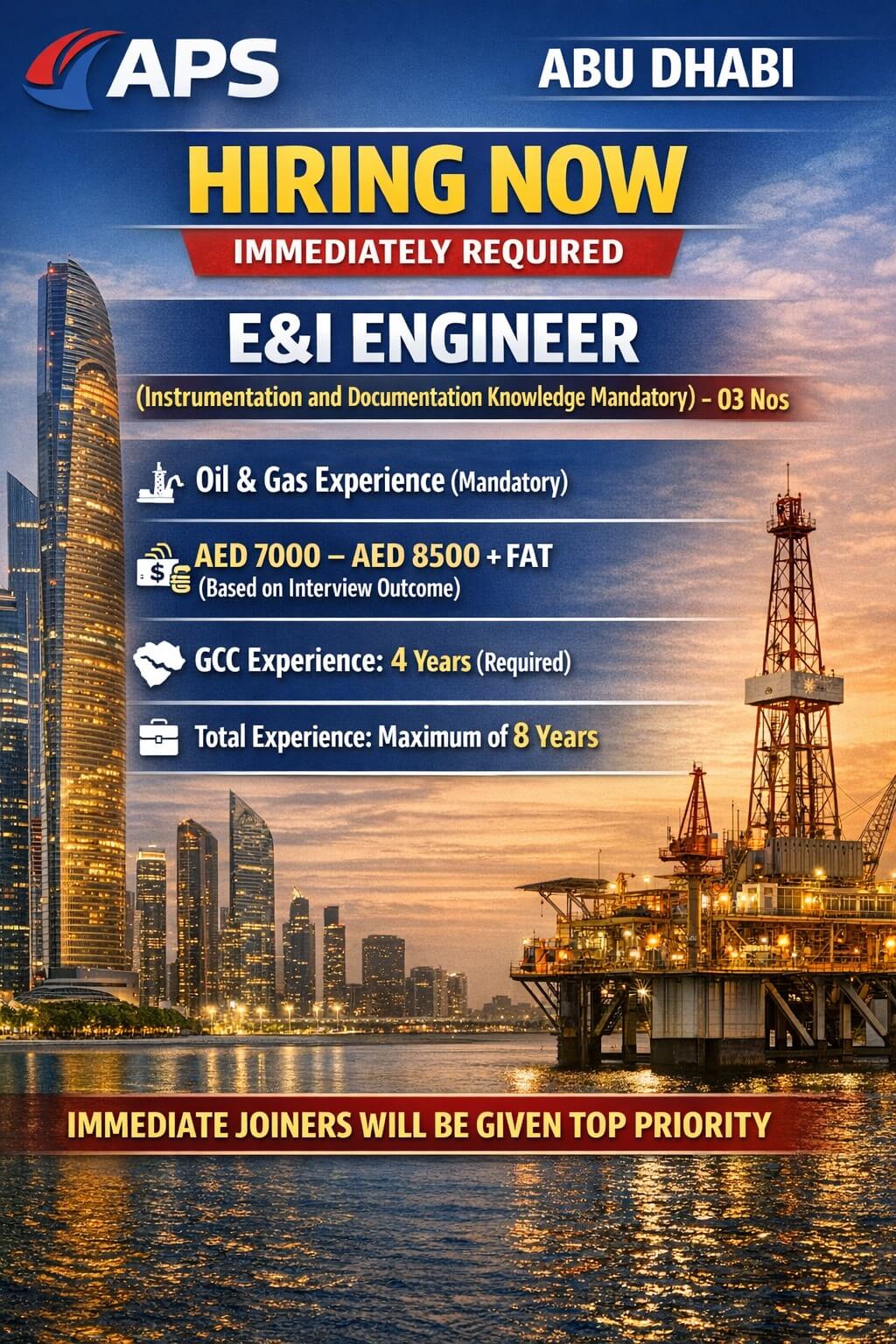 Hiring Now E & I Engineer for Abu Dhabi