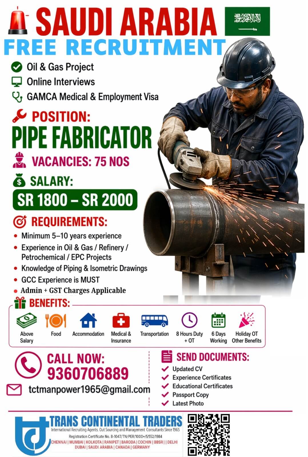 HIRING FOR LEADING OIL AND GAS COMPANY-PIPE FABRICATOR SALARY SR 1800 TO SR 2000