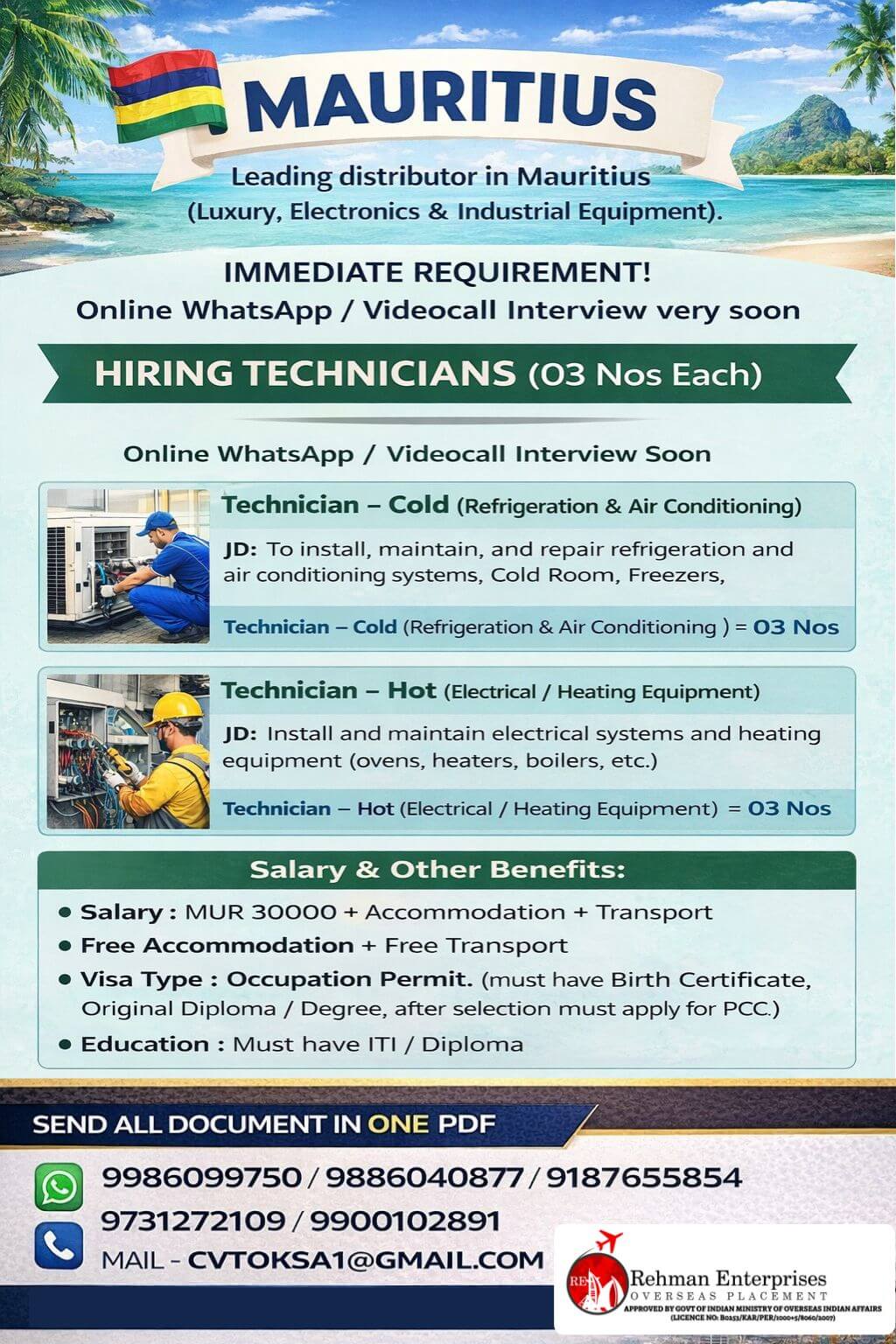 HIRING FOR MAURITIUS