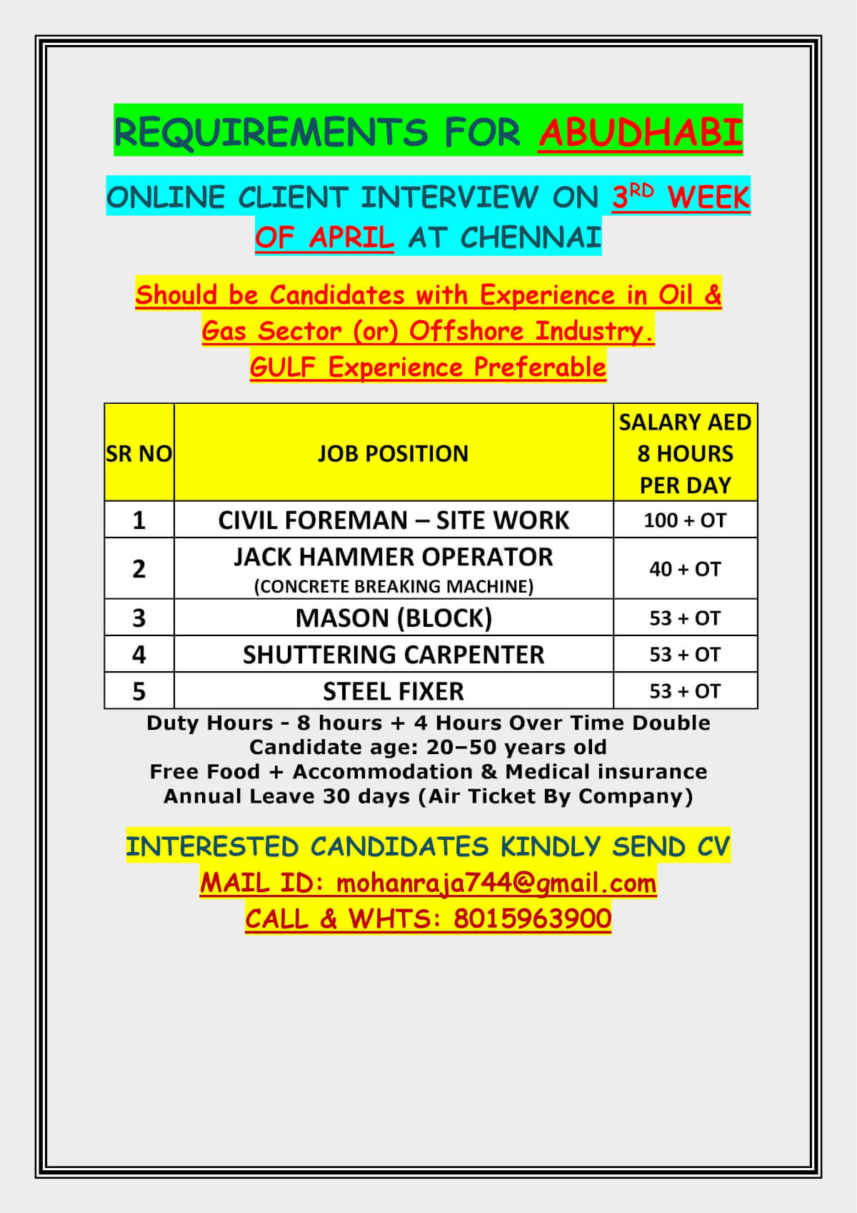 REQUIREMENTS FOR ABUDHABI  - ONLINE CLIENT INTERVIEW ON 3RD WEEK OF APRIL AT CHENNAI