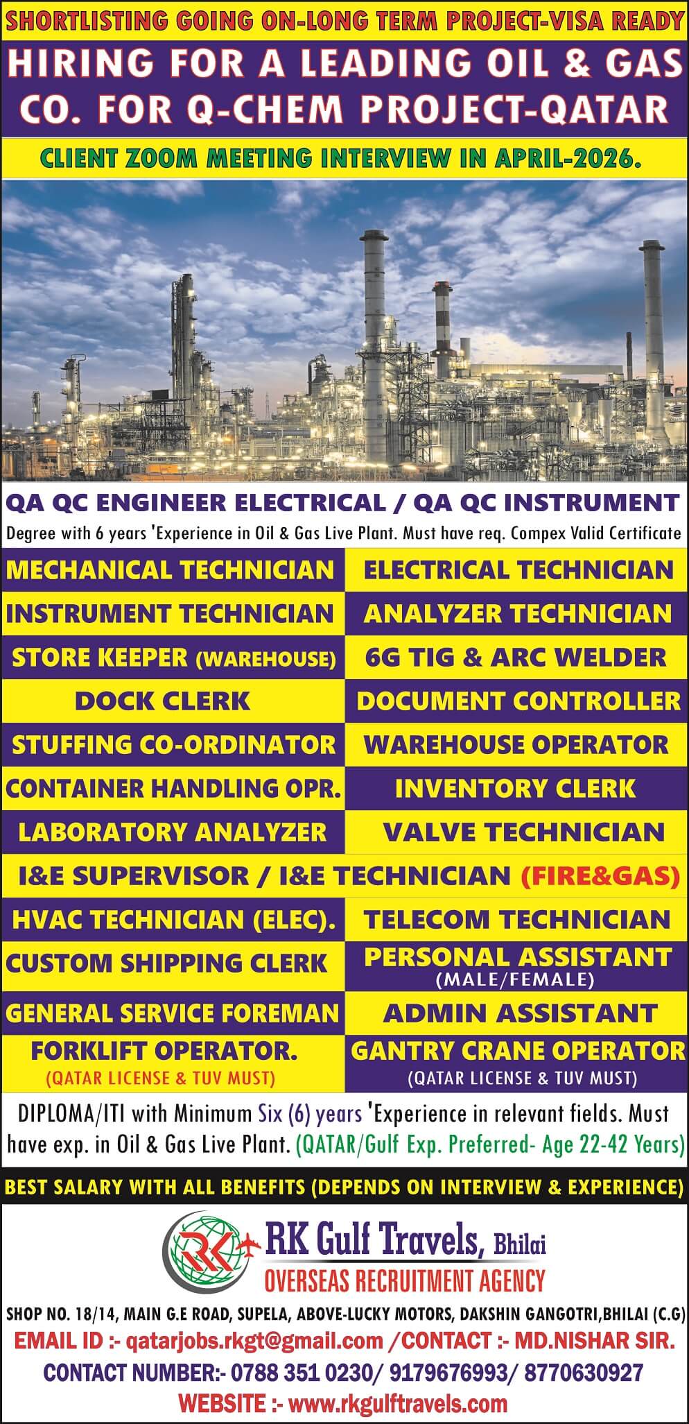 HIRING FOR A LEADING OIL & GAS COMPANY FOR THEIR  Q-CHEM PROJECT - QATAR