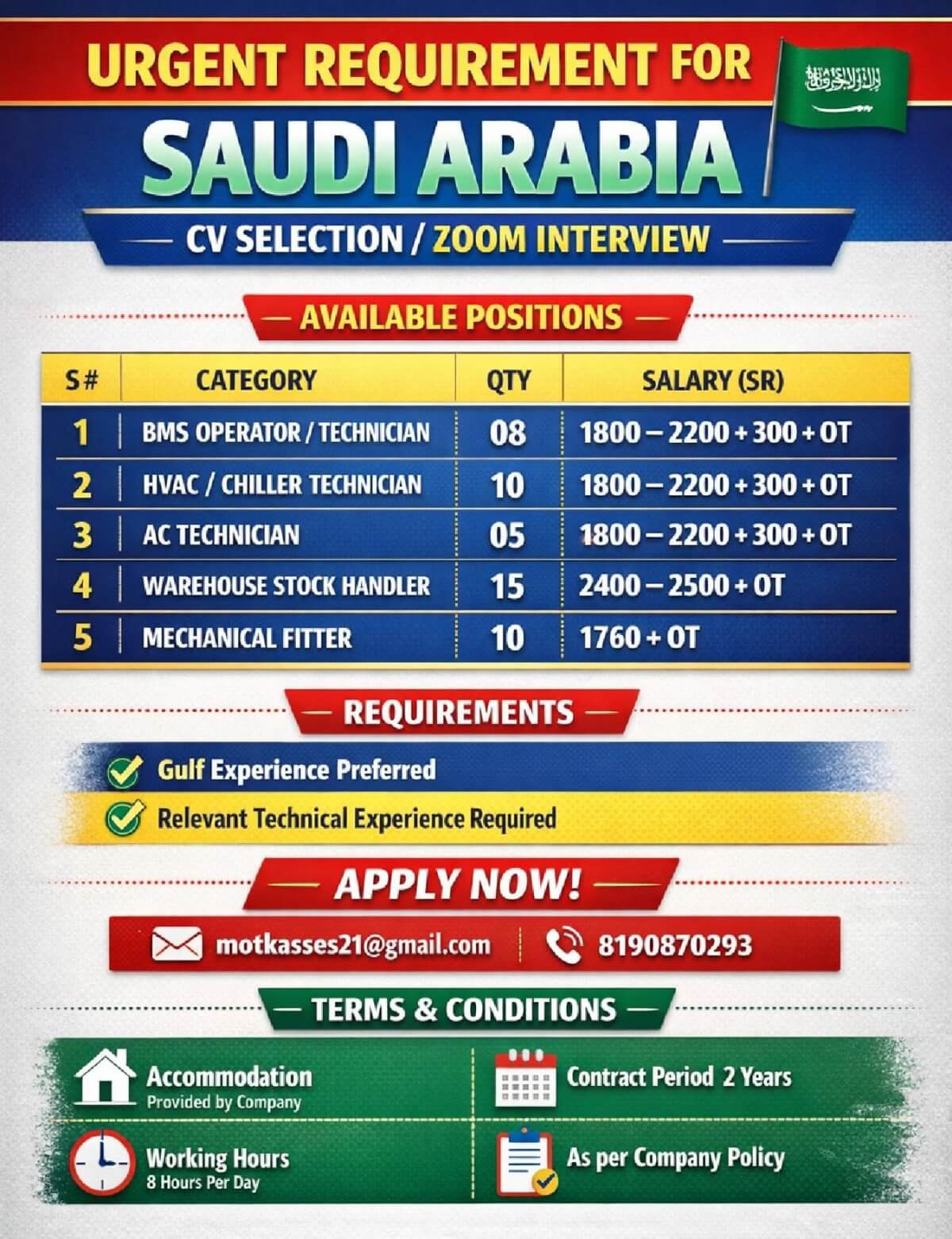 URGENT REQUIREMENT FOR SAUDI ARABIA