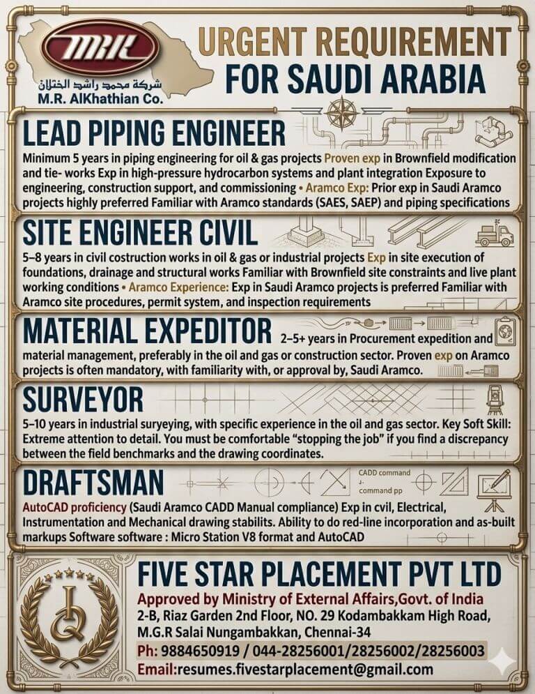 URGENT REQUIREMENT FOR SAUDI ARABIA