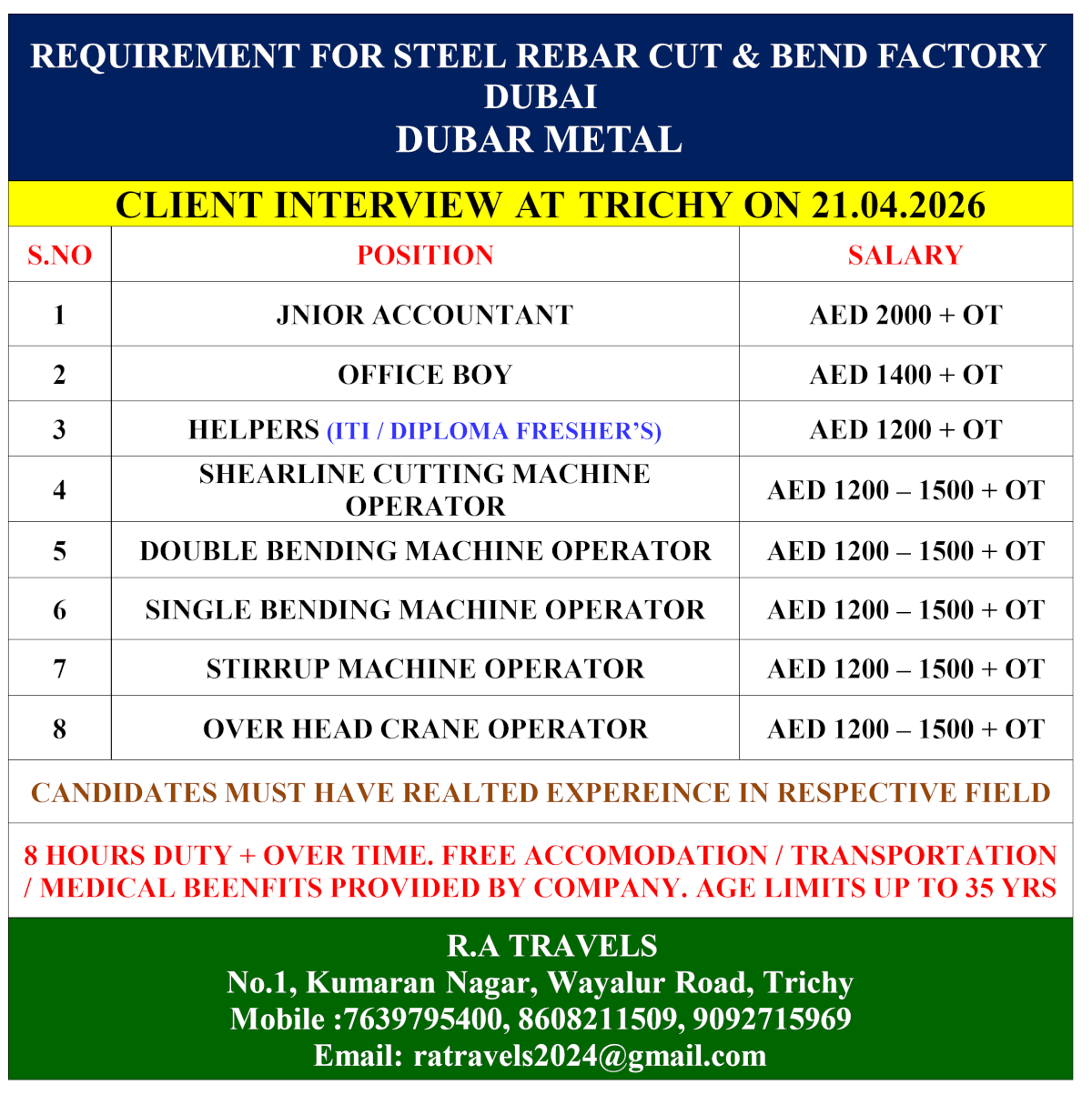 REQUIREMENT FOR STEEL REBAR CUT & BEND FACTORY DUBAI DUBAR METAL