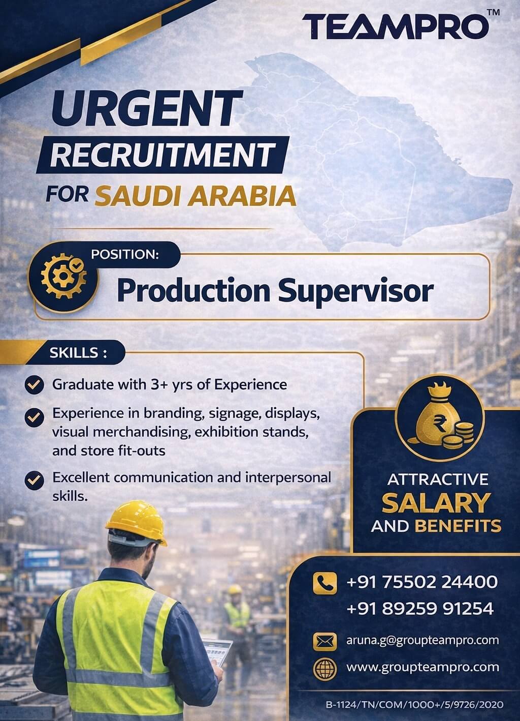 ? URGENT RECRUITMENT – SAUDI ARABIA ?  We are hiring: ? Production Supervisor