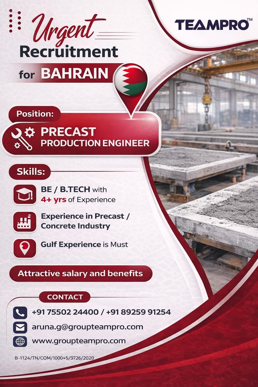 ? URGENT RECRUITMENT – BAHRAIN ?  We are hiring: ? Precast Production Engineer