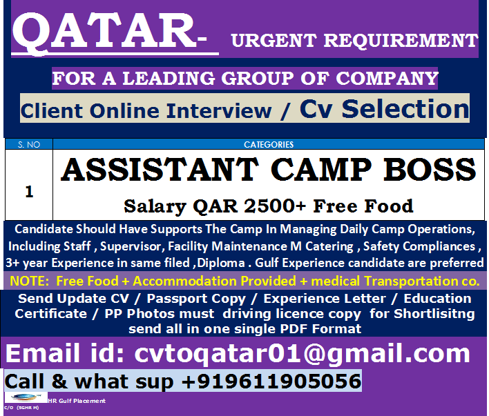 QATAR -   URGENT REQUIREMENT FOR A LEADING GROUP OF COMPANY Client Online Interview / Cv Selection