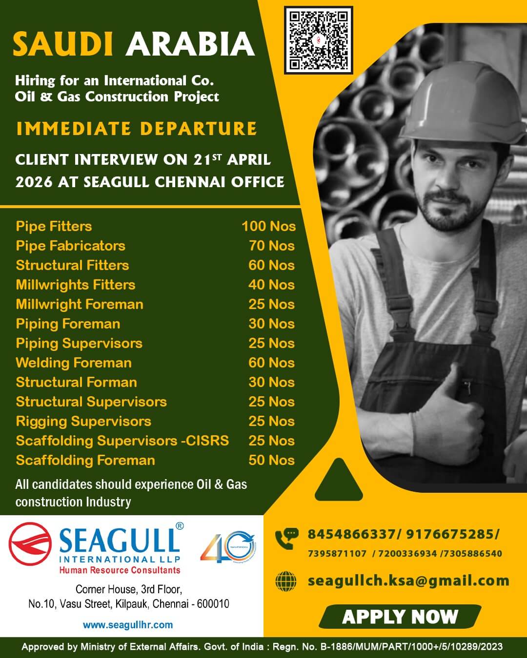 VERY URGENT REQUIREMENTS FOR OIL & GAS LONG TIME PROJECT AT SAUDI ARABIA - KSA