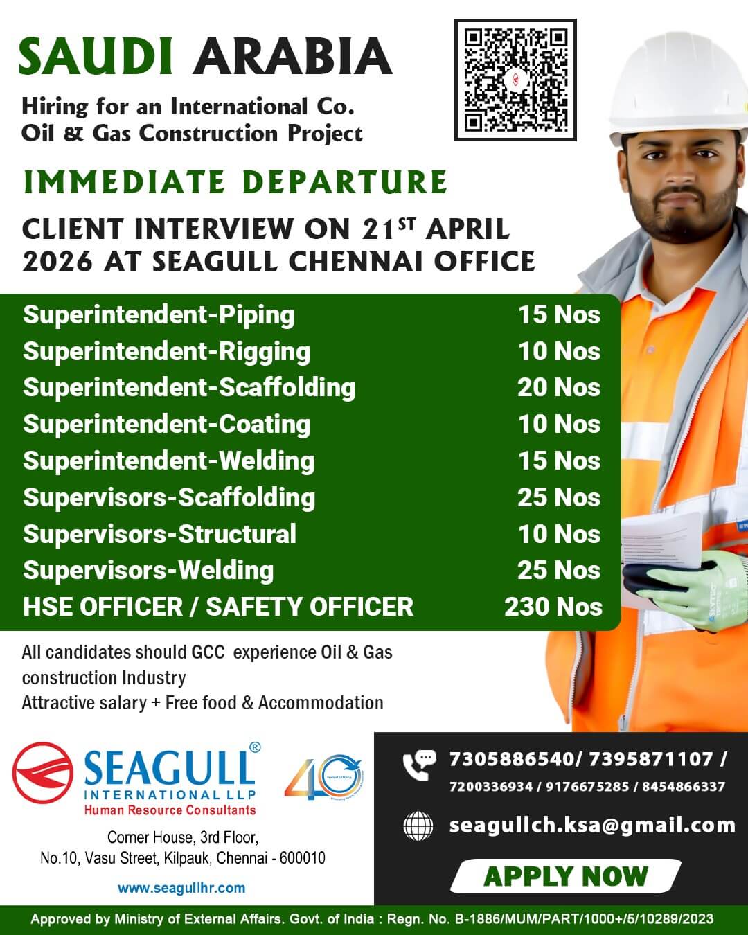 VERY URGENT REQUIREMENTS FOR OIL & GAS LONG TIME PROJECT AT SAUDI ARABIA - KSA