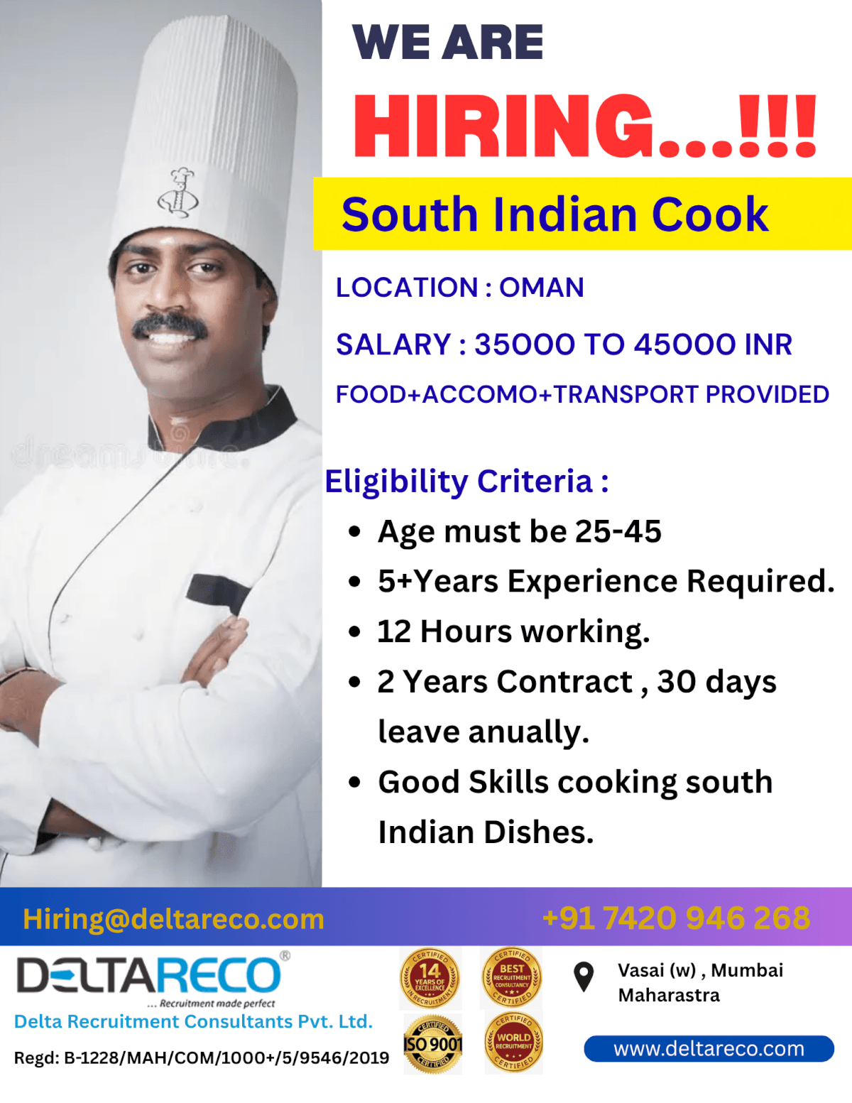 Hiring South Indian Cook for  OMAN Location