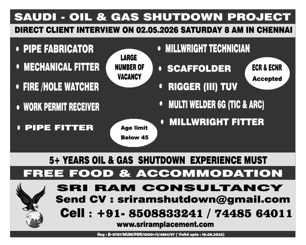 Urgent Requirement For Saudi AYTB /3 -6 MONTH Shutdown, Apply:  sriramshutdown@gmail.com